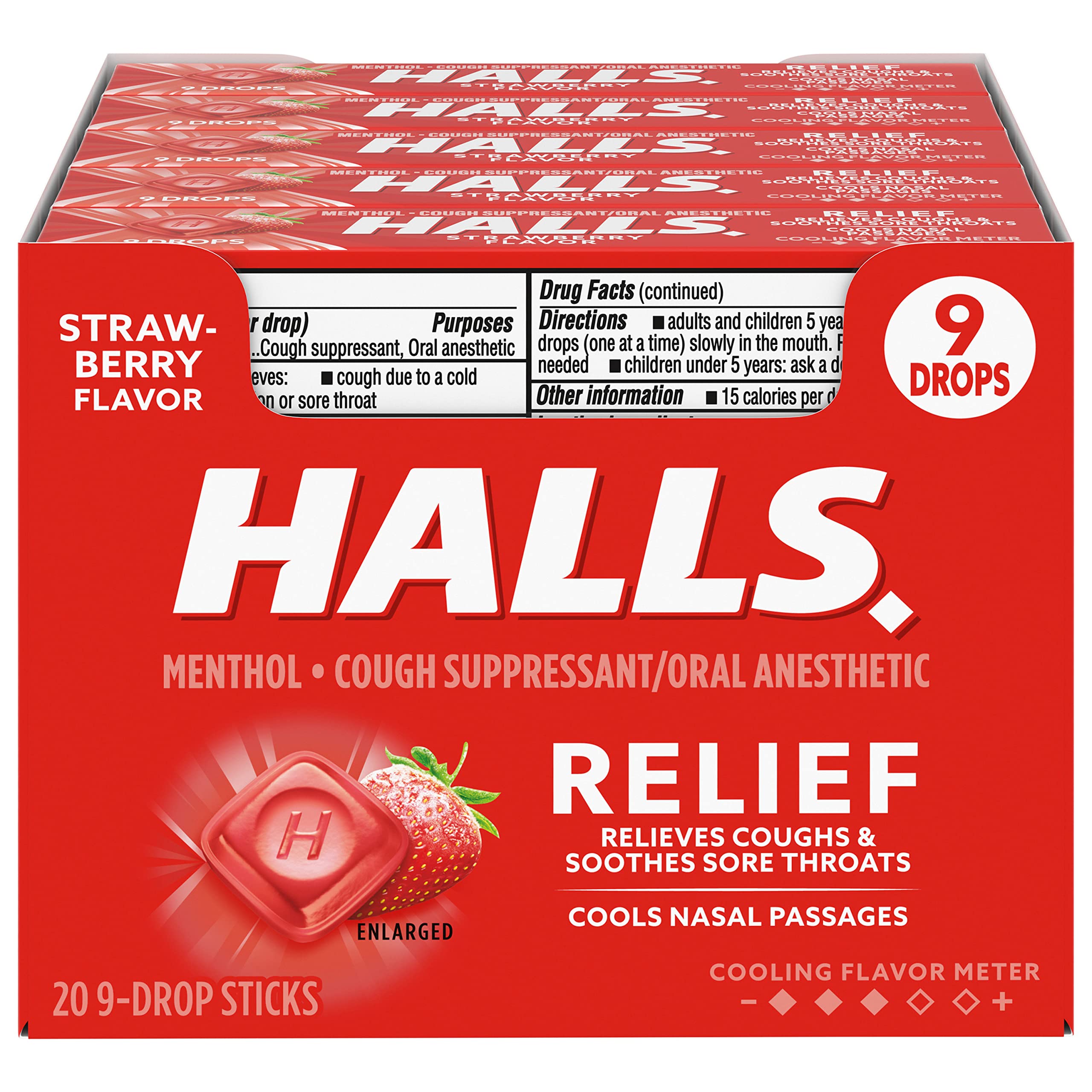 HALLS Relief Strawberry Cough Drops 20 Sticks of 9 Drops (180 Total
