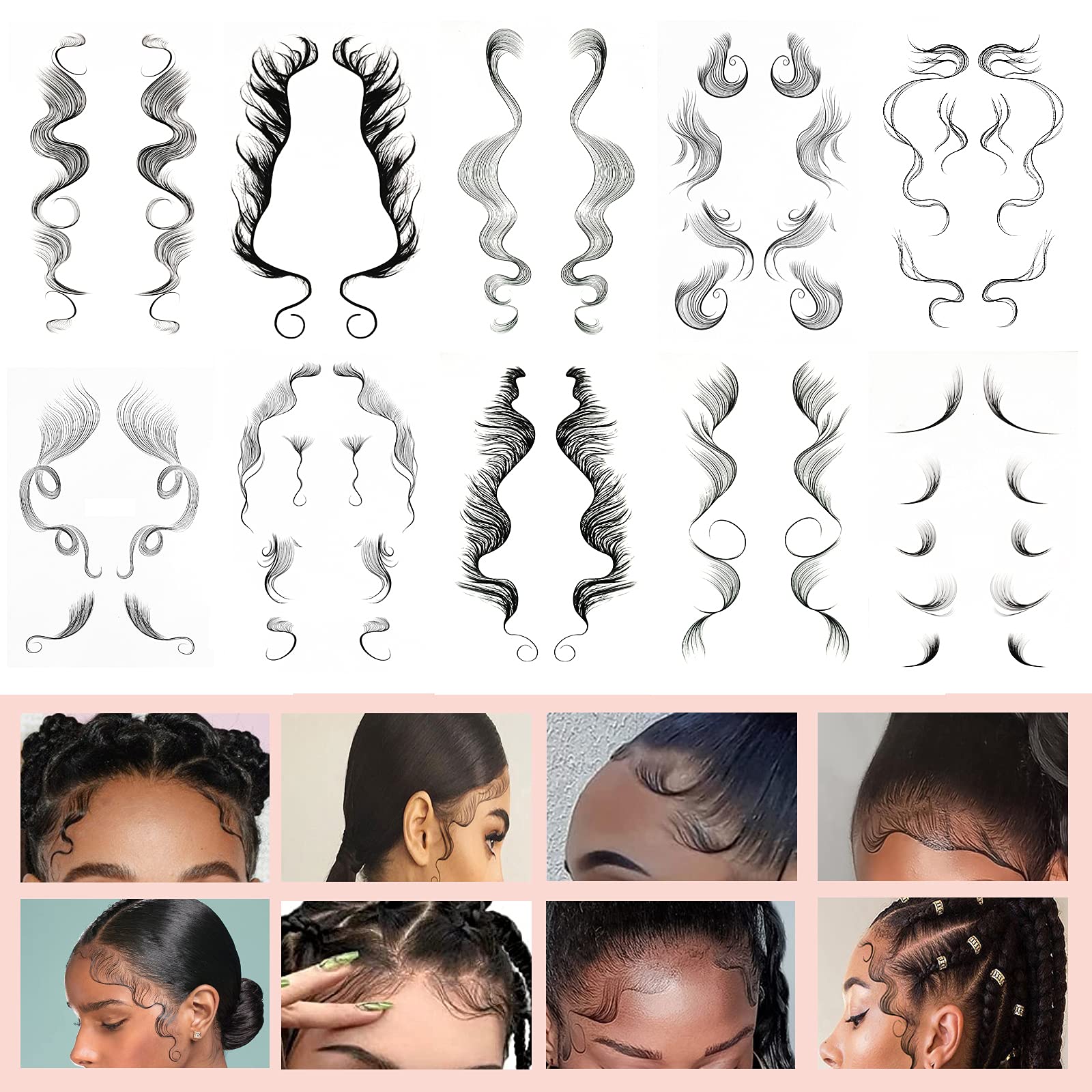  8 Styles Baby Hair Tattoo Stickers，Tattoo Baby Hair Edges,  Waterproof & Lasting Tattoo Edges for Women Girl, Fake Edges Curly Hair  Salon DIY Hairstyling Hair Stickers, Template Makeup Tool (8Pcs) 