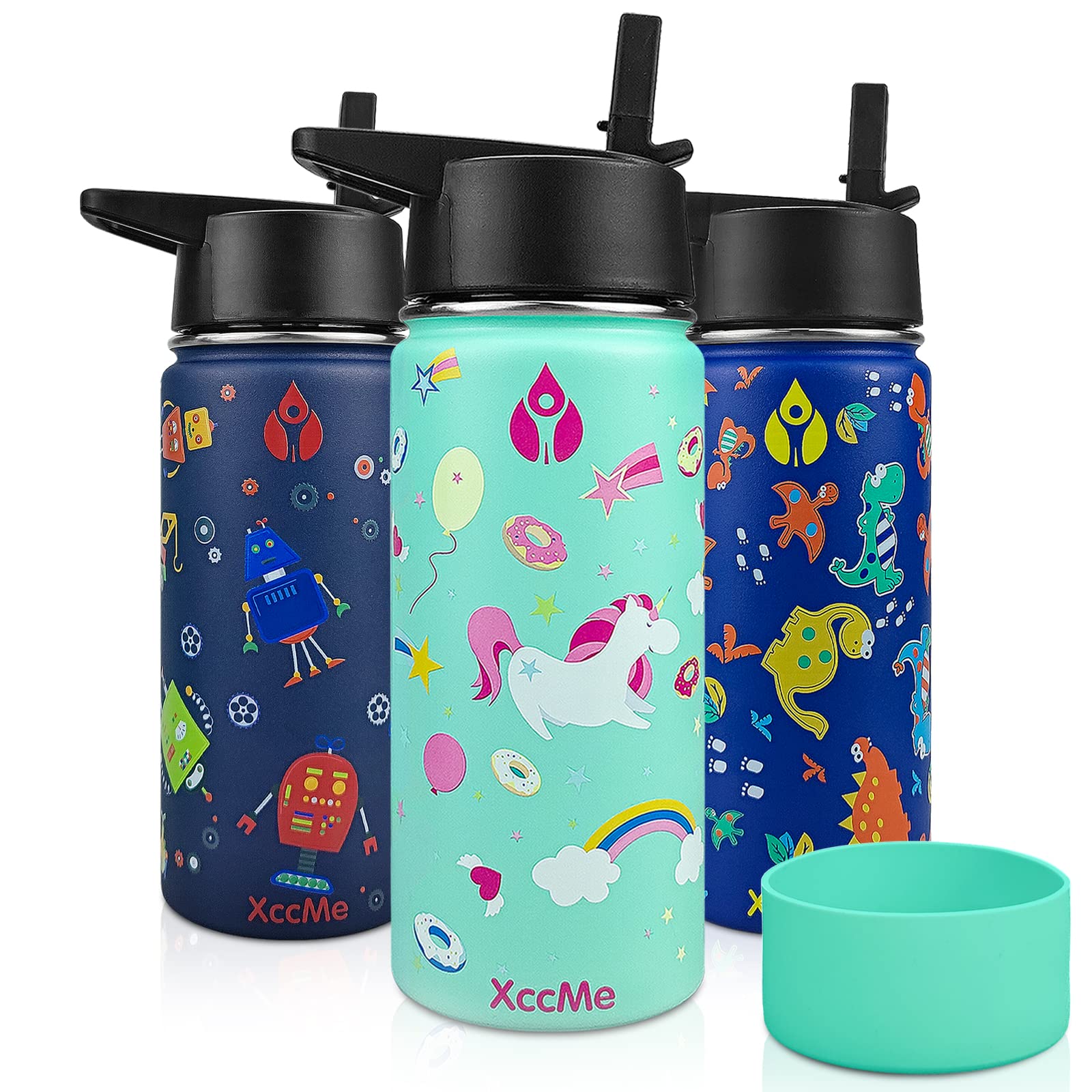 XccMe Kids Water Bottle Stainless Steel Kid Water Bottle 16oz Kids Insulated  Water Bottle Kids Metal water bottle Kids Water Bottle for School with  Straw Lid Silicone Boot for boy girl(Unicorn)