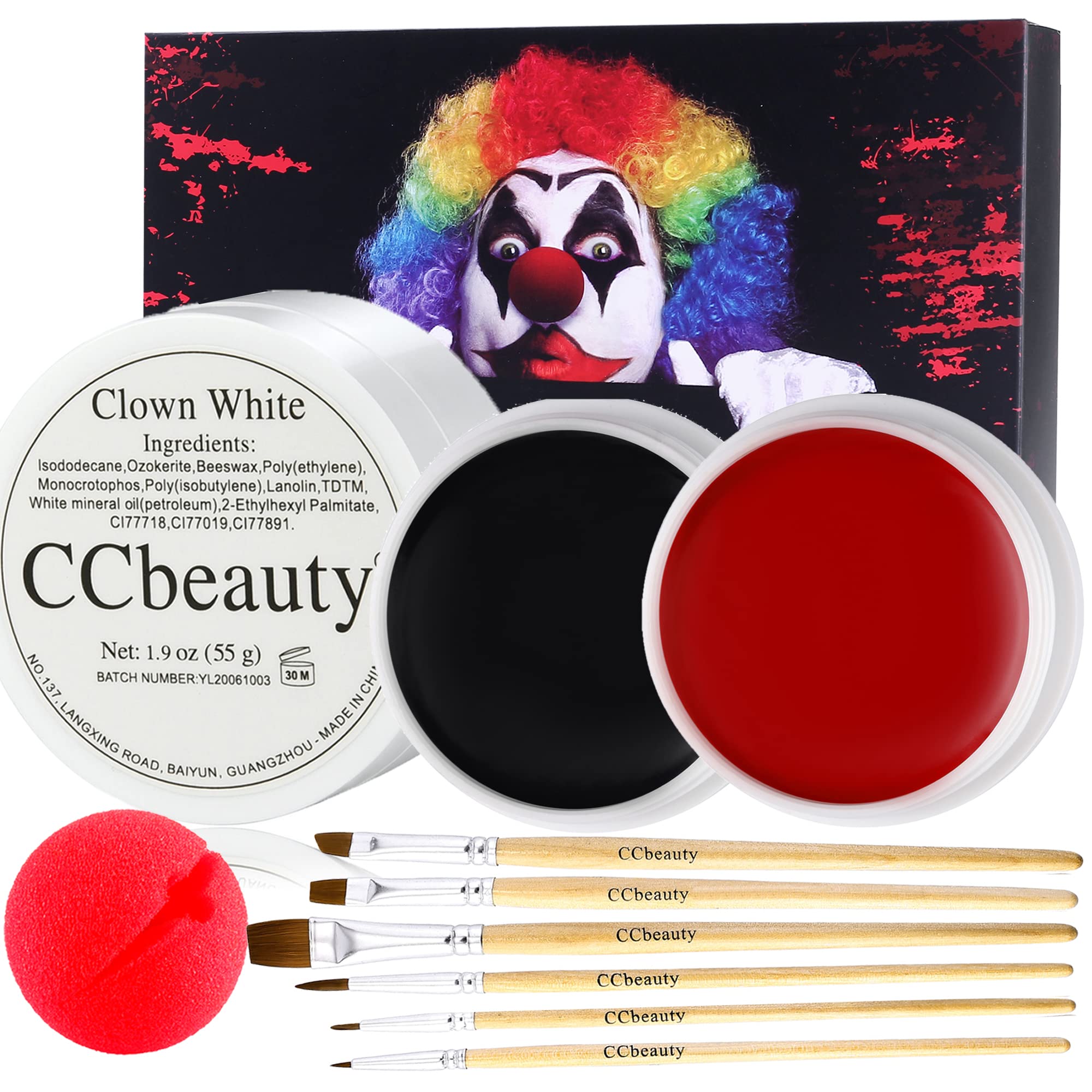 CCbeauty Clown Makeup Kit Professional White Black Red Face Paint  Foundation Cream, 6 Brushes,Red Nose