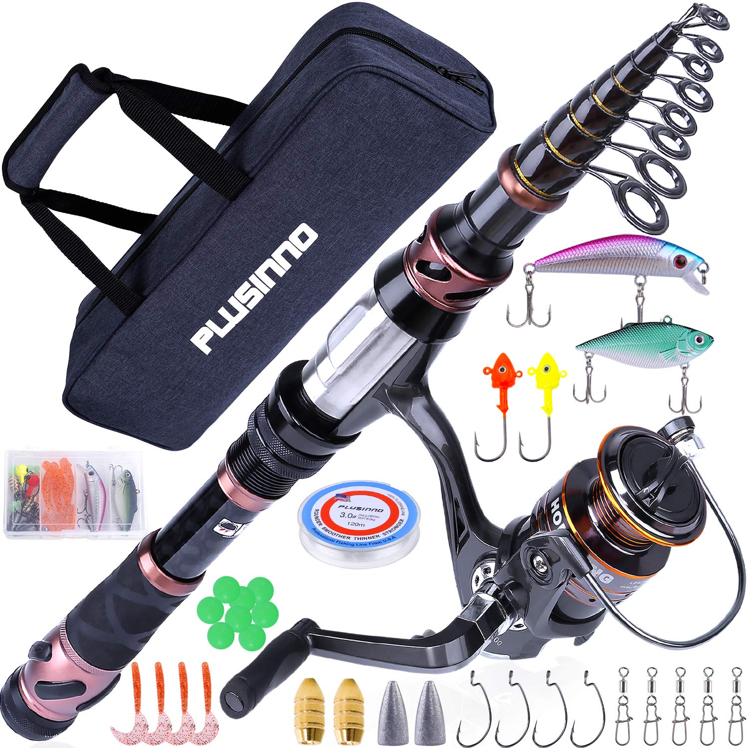 PLUSINNO Fishing Rod and Reel Combos - Carbon Fiber Telescopic Fishing Pole  - Spinning Reel 12 +1 Shielded Bearings Stainless Steel BB X-Full Kit With  Carrier Bag 2.7M 8.86FT