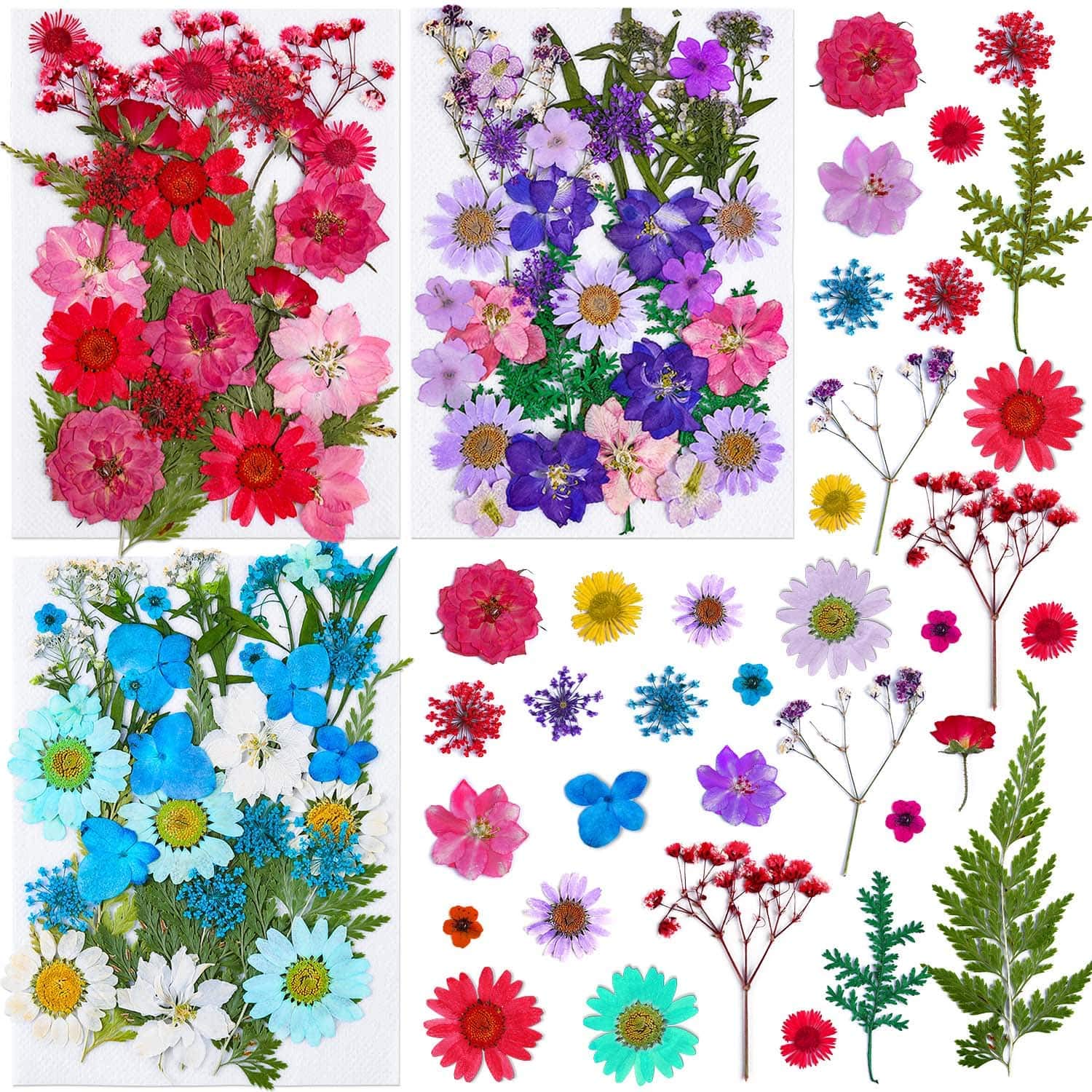  100 Pieces Dried Pressed Flowers for Resin Real Nature Flowers  with Leaves Dried Flowers for Crafts DIY Art Candle Soap Making Nail Decors  (Colorful Flower)