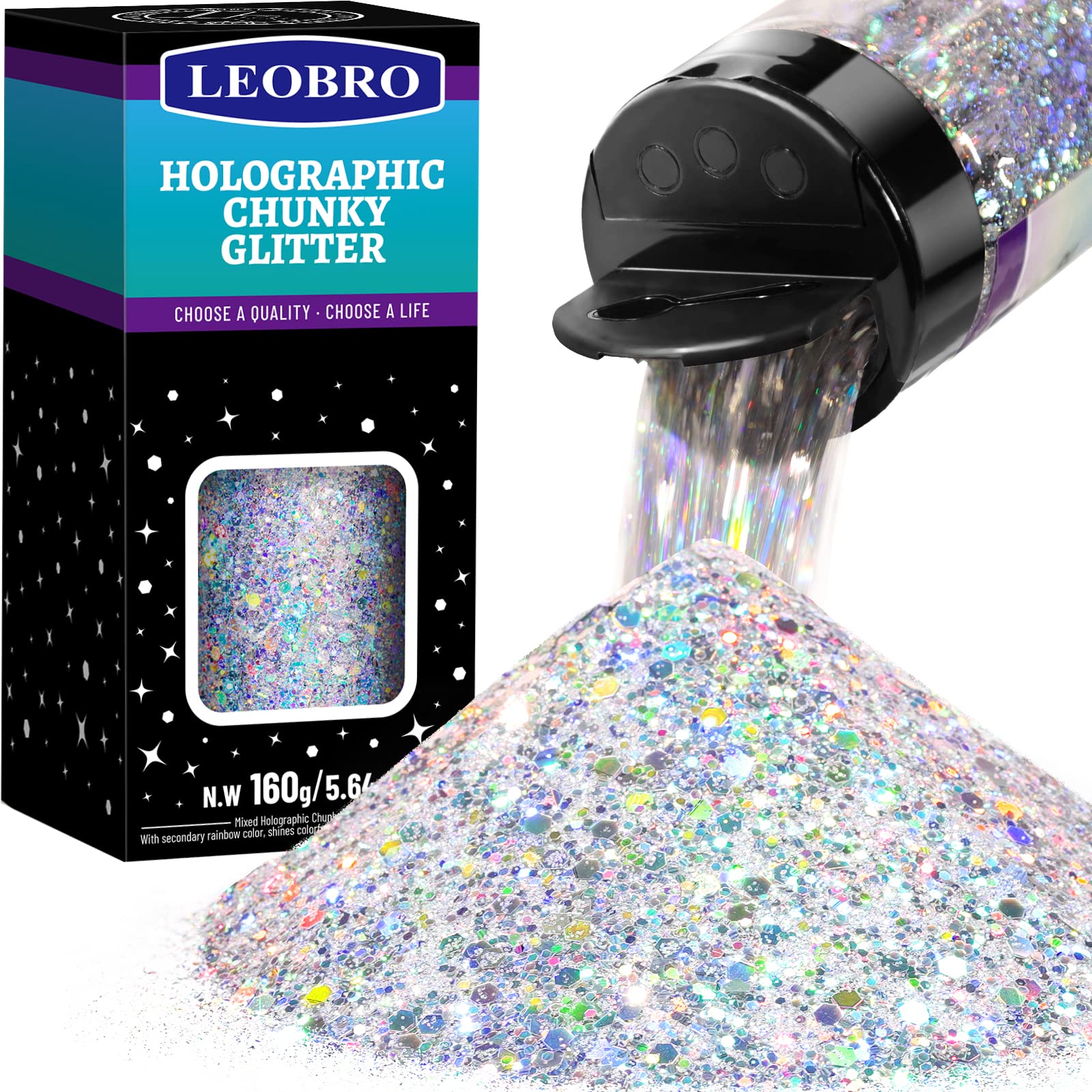 Holographic Chunky Glitter, 160G/5.64OZ Craft Glitter for Resin