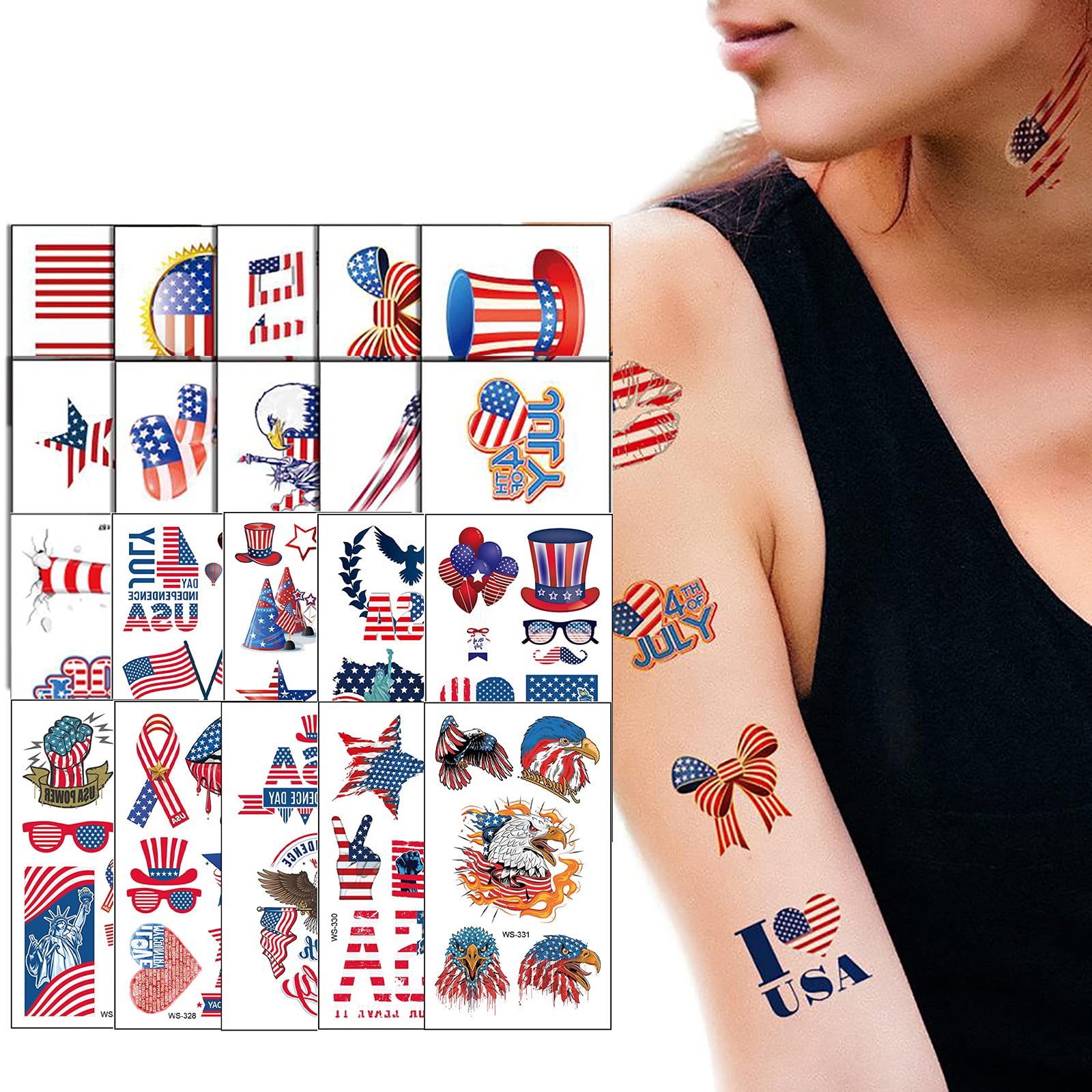 20 Sheets Independence Day Temporary Tattoos 4th of July American Flag Design Stickers Water Transfer Patriotic Fake Tattoos USA Party Favors Supplies Body Art Decorations Accessories