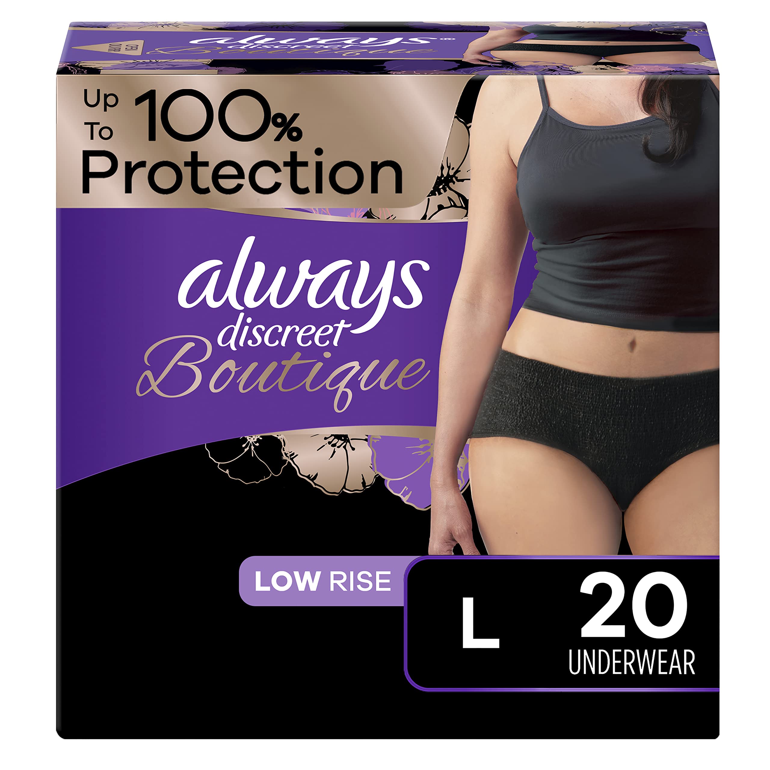 Always Discreet Boutique, Incontinence & Postpartum Underwear For Women,  Low-Rise, Size Large, Black, Maximum Absorbency