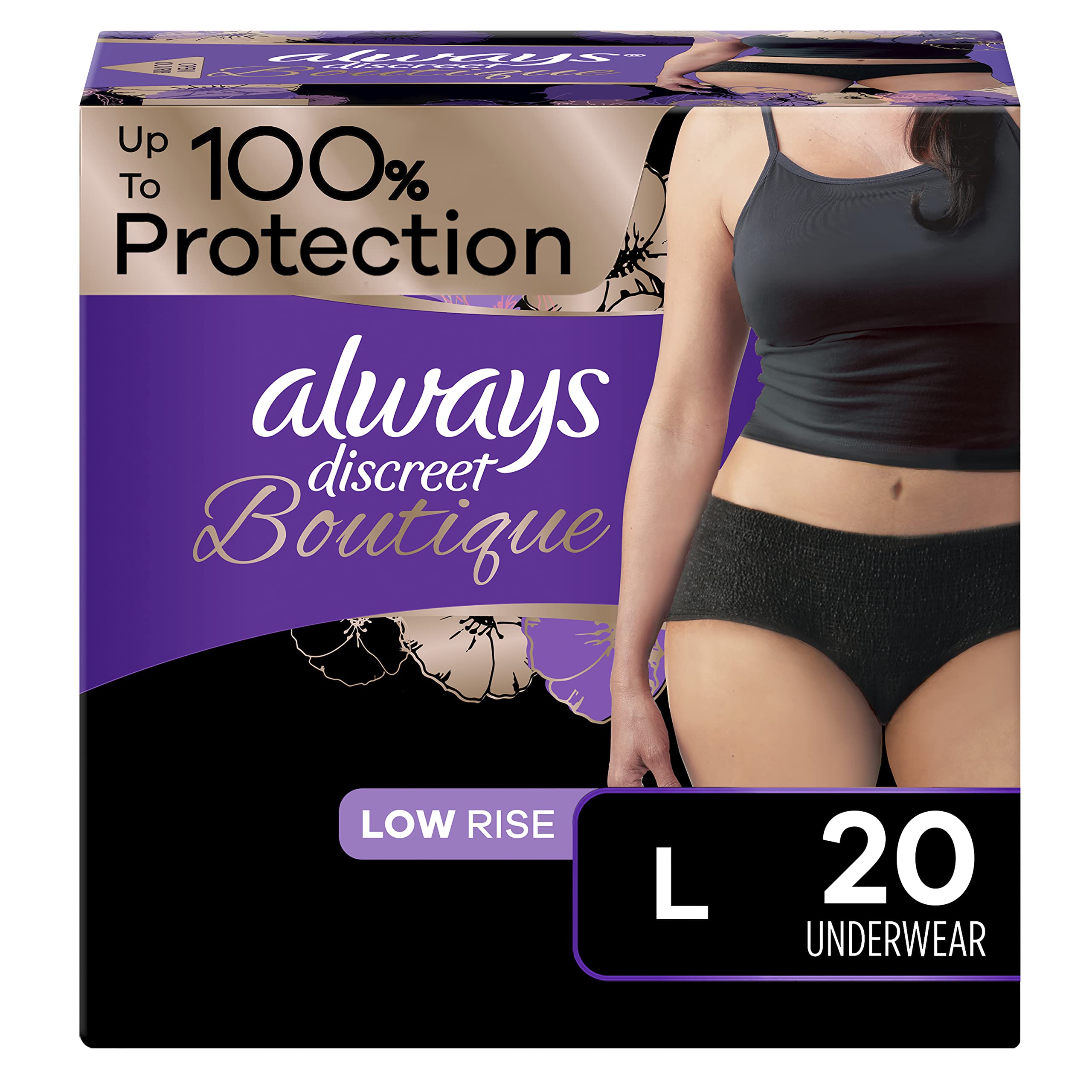 Always Discreet Boutique, Incontinence & Postpartum Underwear For Women, Low -Rise, Size Large, Black, Maximum Absorbency