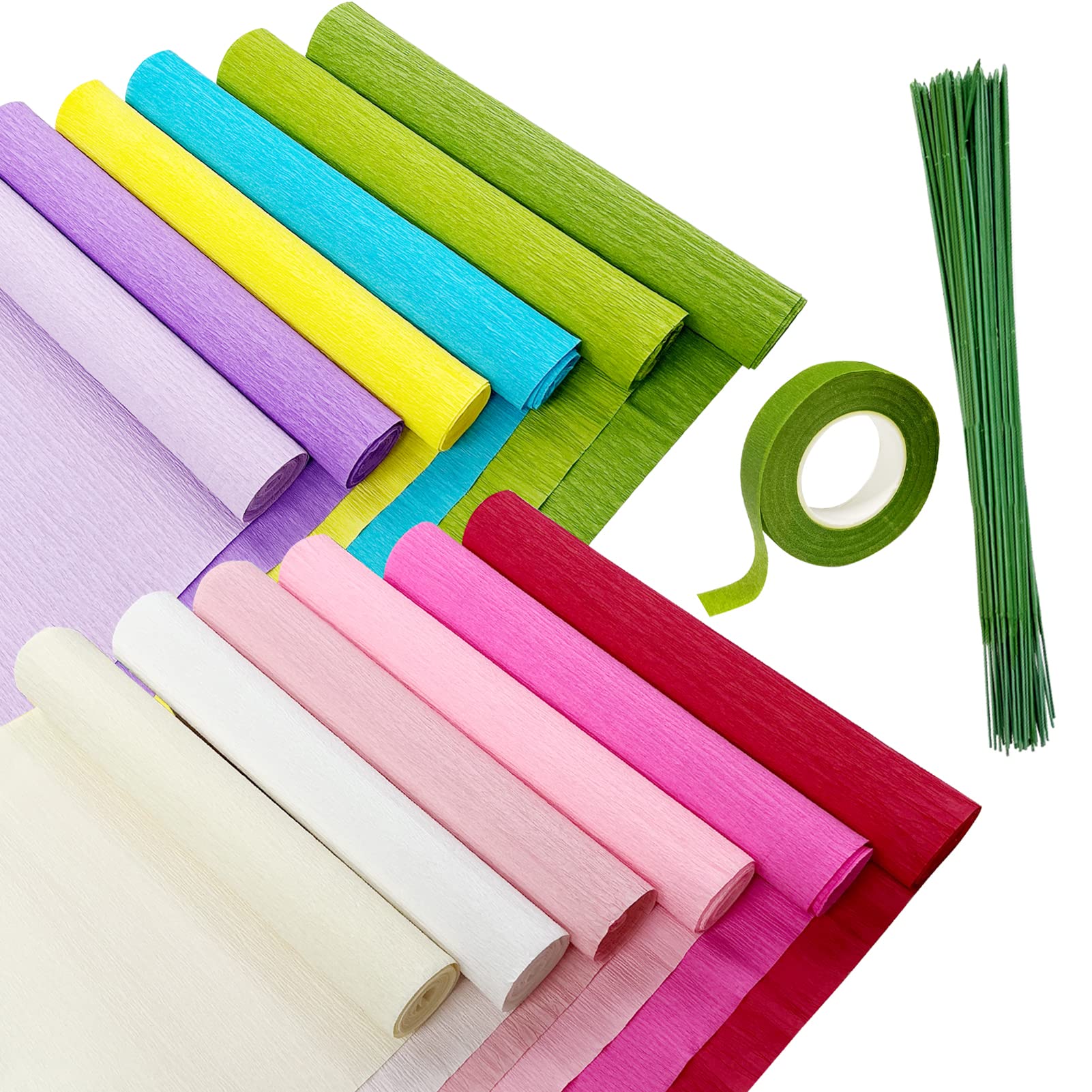 Cieovo Crepe Paper Flower DIY Kits, 12 Rolls Rainbow Bright Colors Crepe  Paper Rolls Green Floral Tape and 50 Green Floral Iron Wire for Wedding  Festival Party Wreath Making Supplies DIY Flower