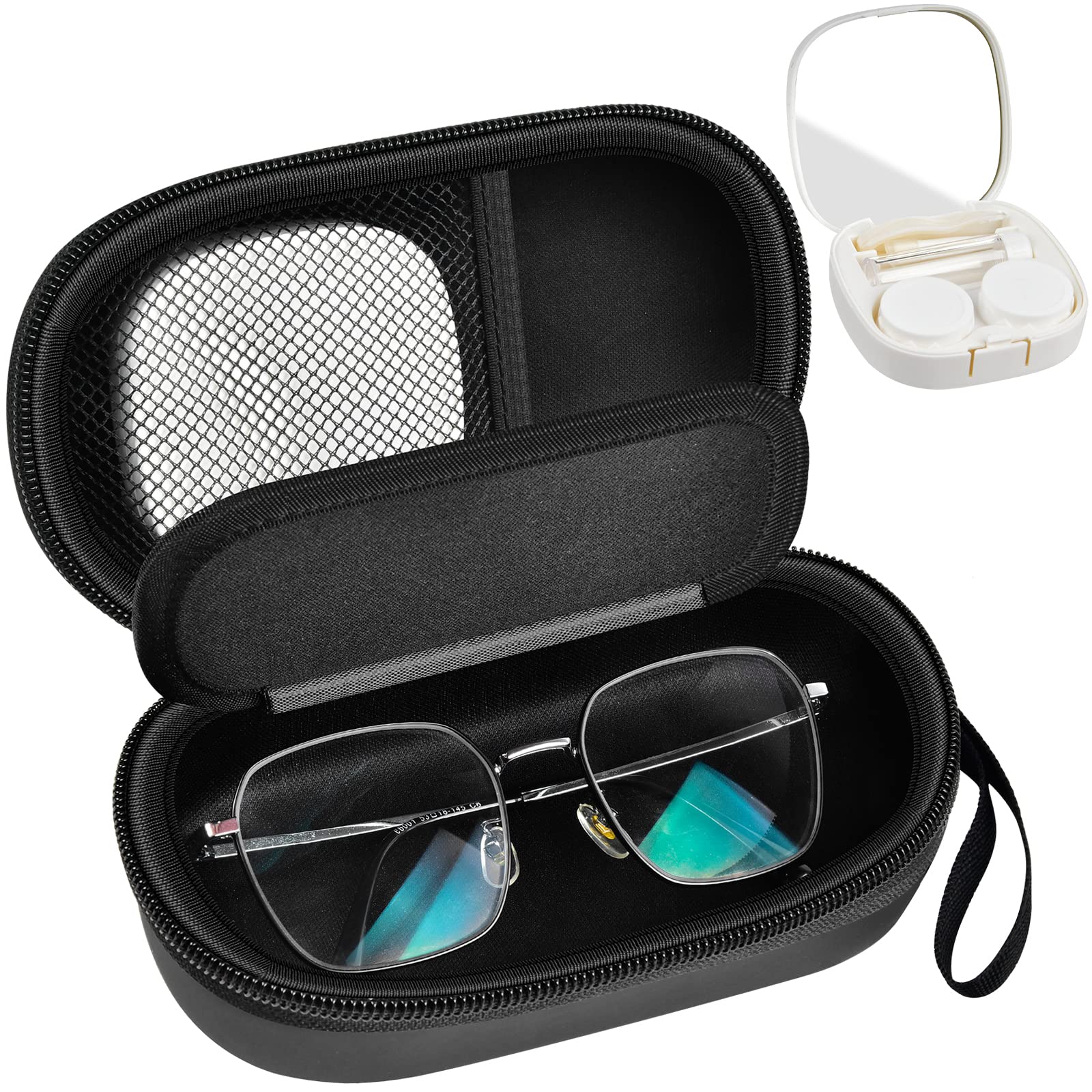 Portable 2 in 1 Contact Lens Case and Glasses Case Traveling Contact Cases  Bag Box Holder with Soak Storage Kit Included Built-in Mirror Tweezer  Contact Lens Solution Bottle and Hand Strap-Black