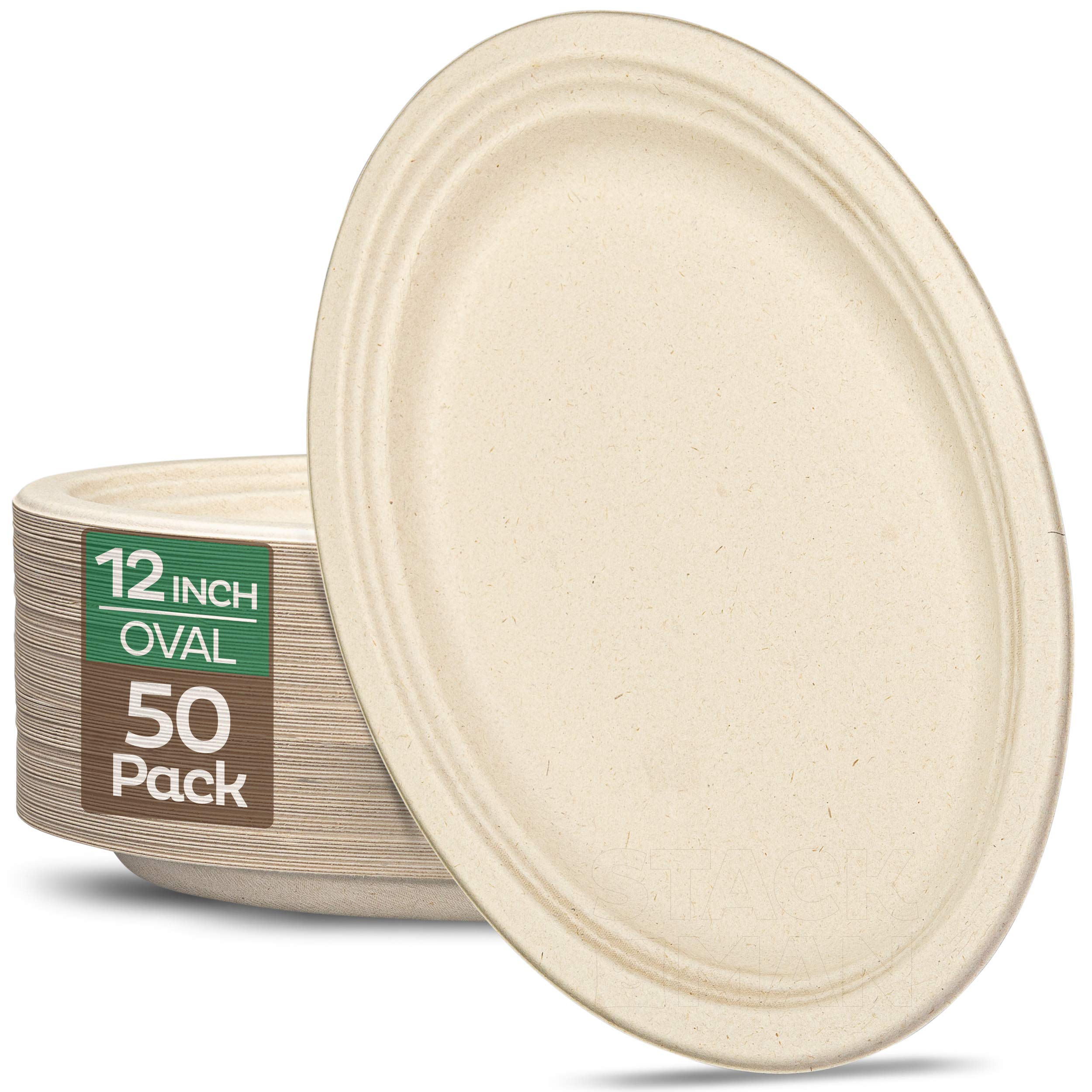 100% Compostable Oval Paper Plates 12.5 inch - 50-Pack Elegant
