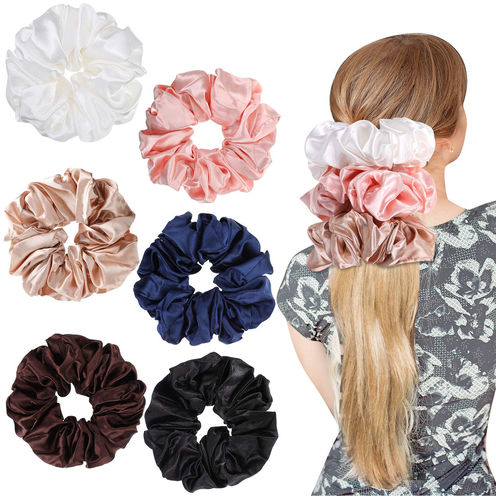 6 Pieces Big Silk Scrunchies for Hair ,Large Velvet Satin Scrunchies Jumbo  Elastic Ponytail Holders for