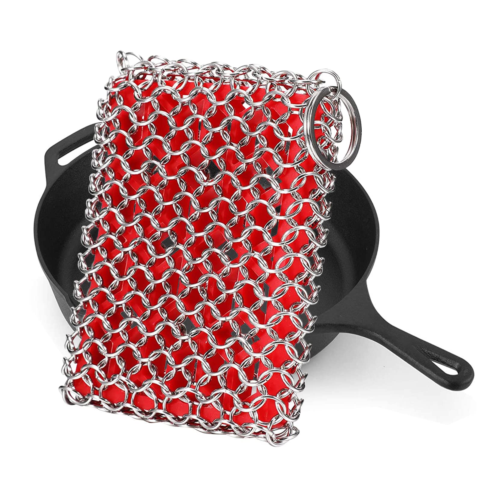 Cast Iron Skillet Cleaner, 316 Stainless Steel Chainmail Cleaning Scrubber  with Silicone Insert for Cleaning Castiron Pan,Griddle,Baking Pan