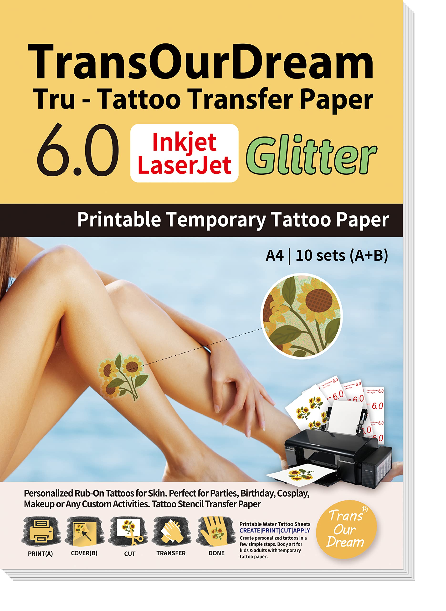 TransOurDream Green Printable Temporary Tattoo Transfer Paper for Inkjet &  Laser Printer (A+B per