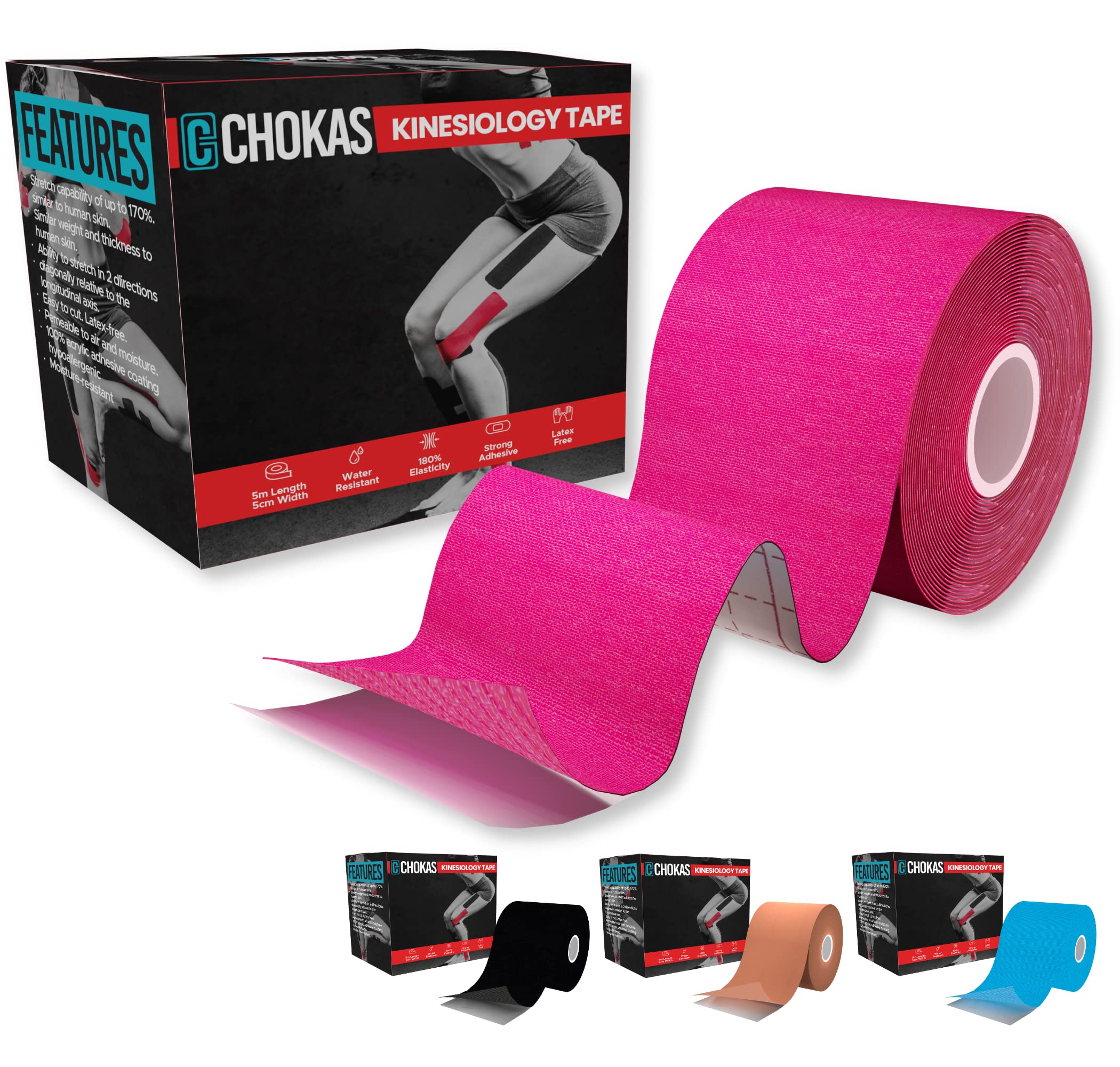 CHOKAS Kinesiology Tape 5m Roll Elastic Therapeutic Sports Tape for  Shoulder Ankle Elbow Wrist shin Splints and Knee Support Waterproof Physio Body  Tape for Muscle Pain Relief Boob Tape Pink