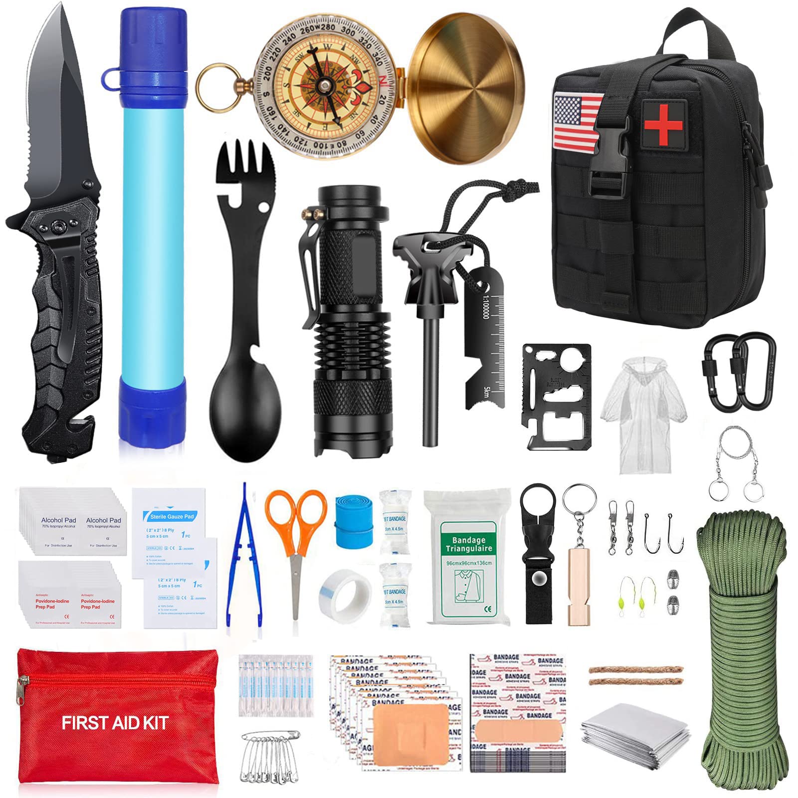 Survival Kit and First Aid Kit,Unique Gifts for Men Teenage boy Husband dad  Kid,Survival Gear and Equipment for Camping Fishing Hunting Black Aid kits  with raincoat