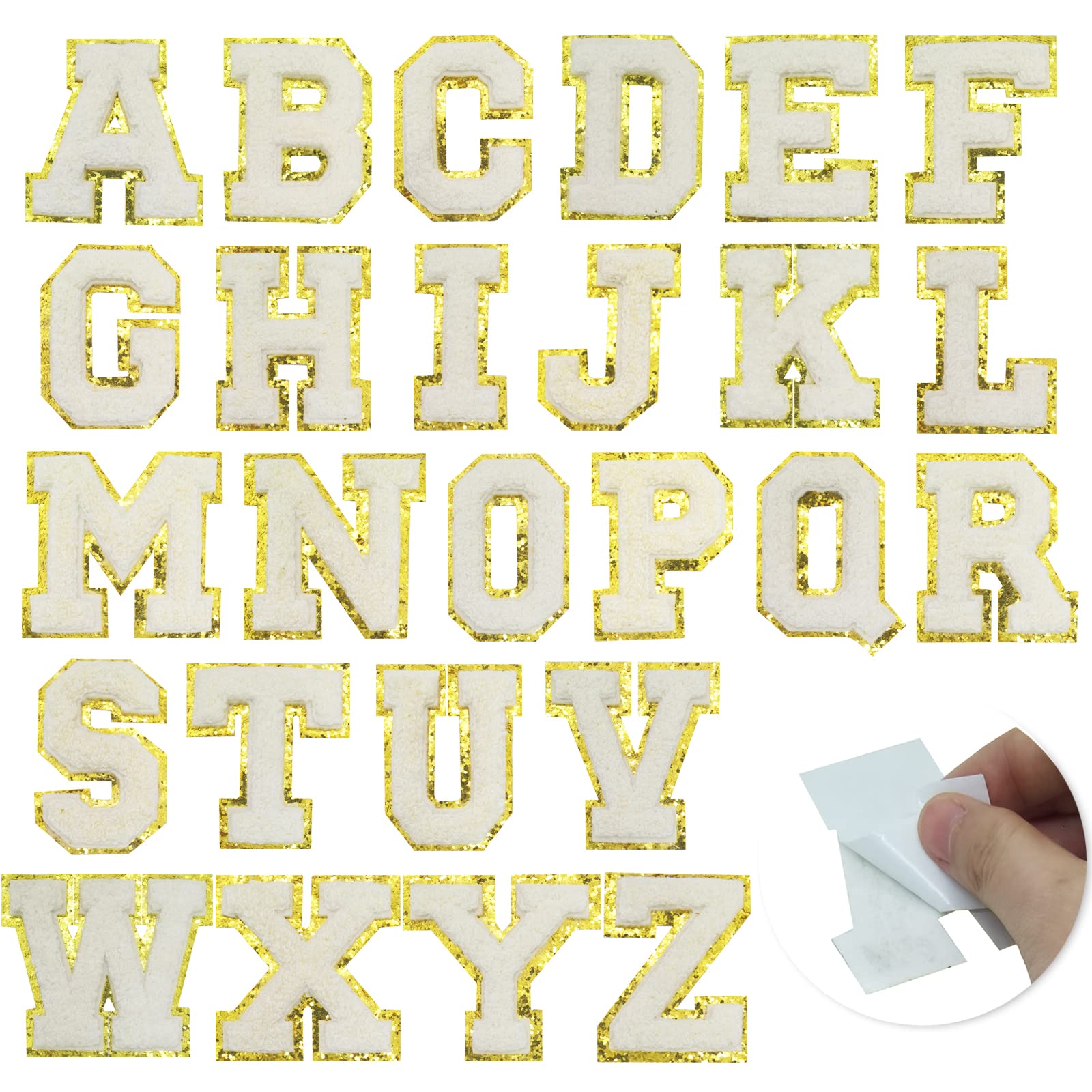TrendyChic 26 Pieces Self Adhesive Chenille Letter Patches,Iron On Letters  A-Z Stoney Clover Patches,Varsity Embroidered Gold Glitter Border Alphabet  Patches for Clothing DIY Craft (White, 2.56 Inch)