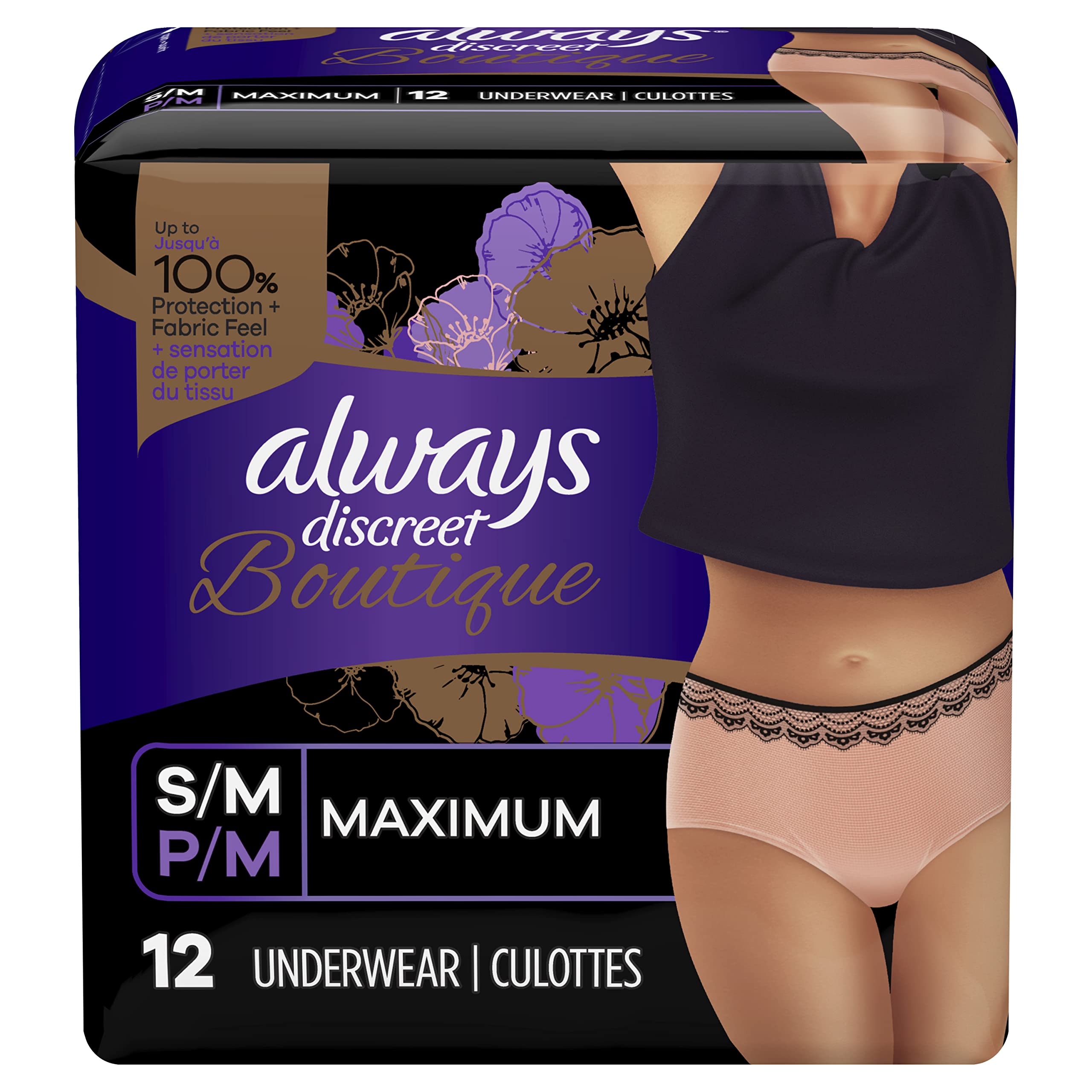 Always Discreet Boutique, Incontinence & Postpartum Underwear For Women,  High-Rise, Size Small/Medium, Rosy, Maximum Absorbency, Disposable, 12 Count