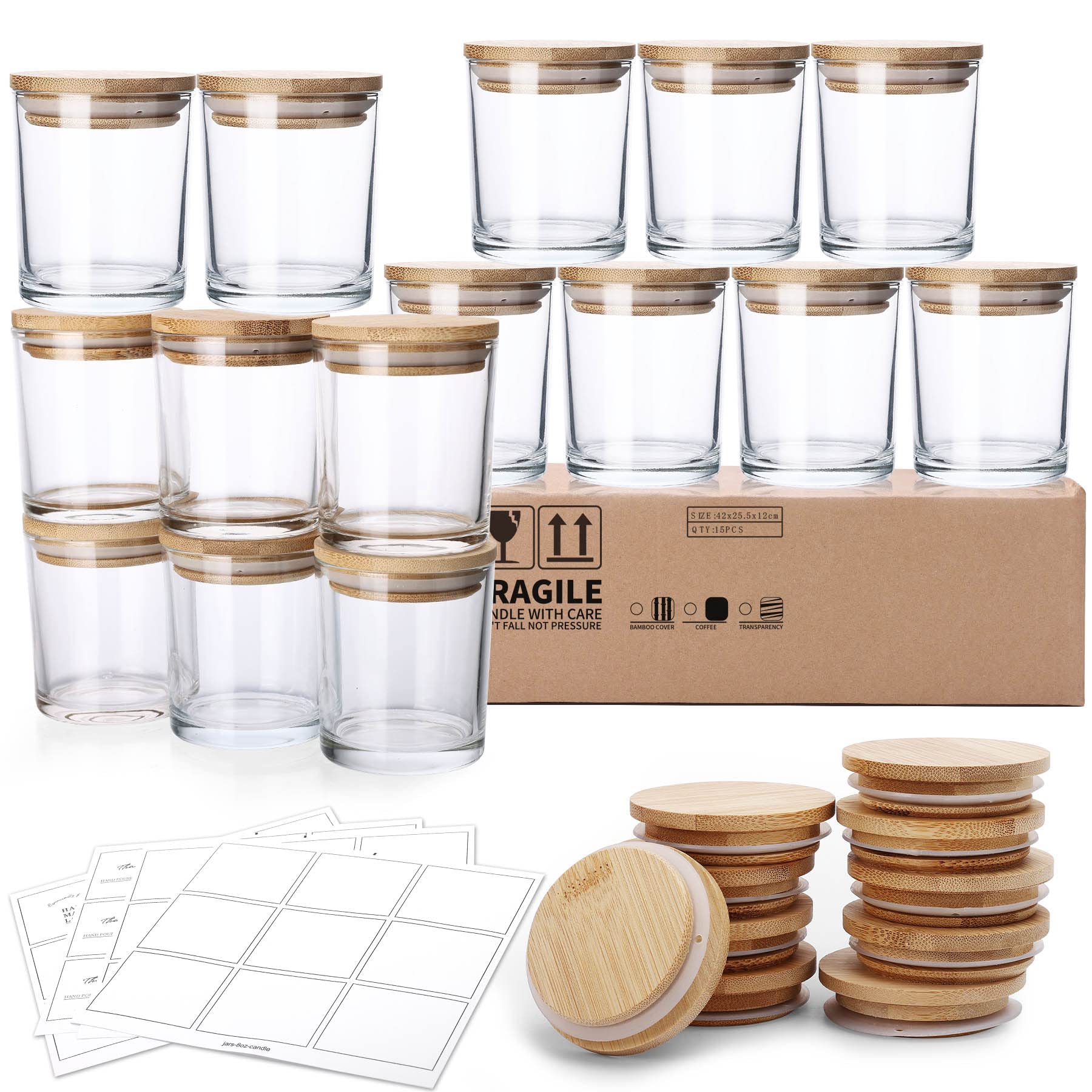 15 Pack, 6 OZ Thick Glass Jars with Airtight Bamboo Lids and