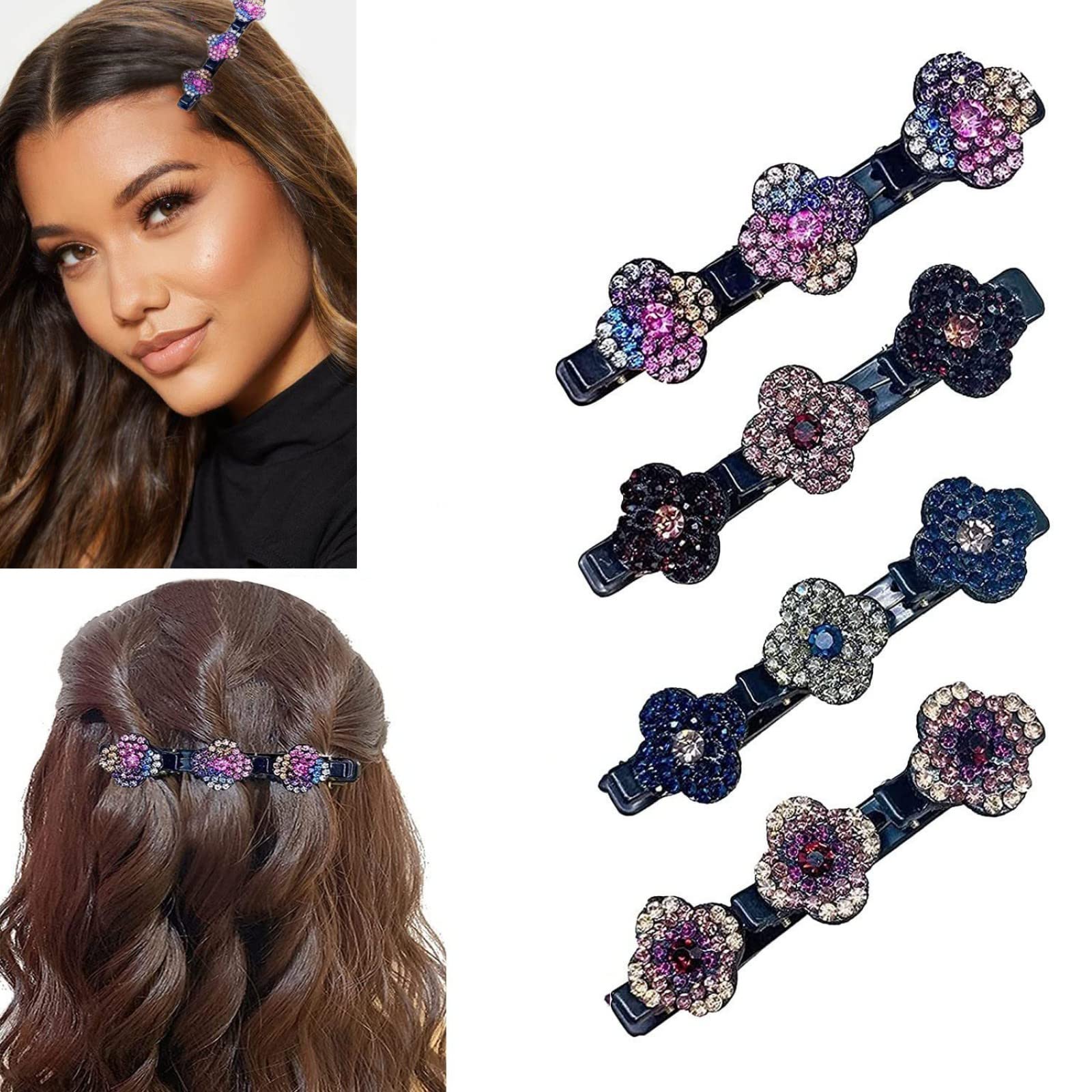 4PC Sparkling Crystals Hair Clips For Women Hair Barrettes For Women  Four-Leaf Flower Hair Clip For Styling Sectioning With 3 Small Clips Hair  Accessories For Girls Small Hair Clips For Thick Hair.