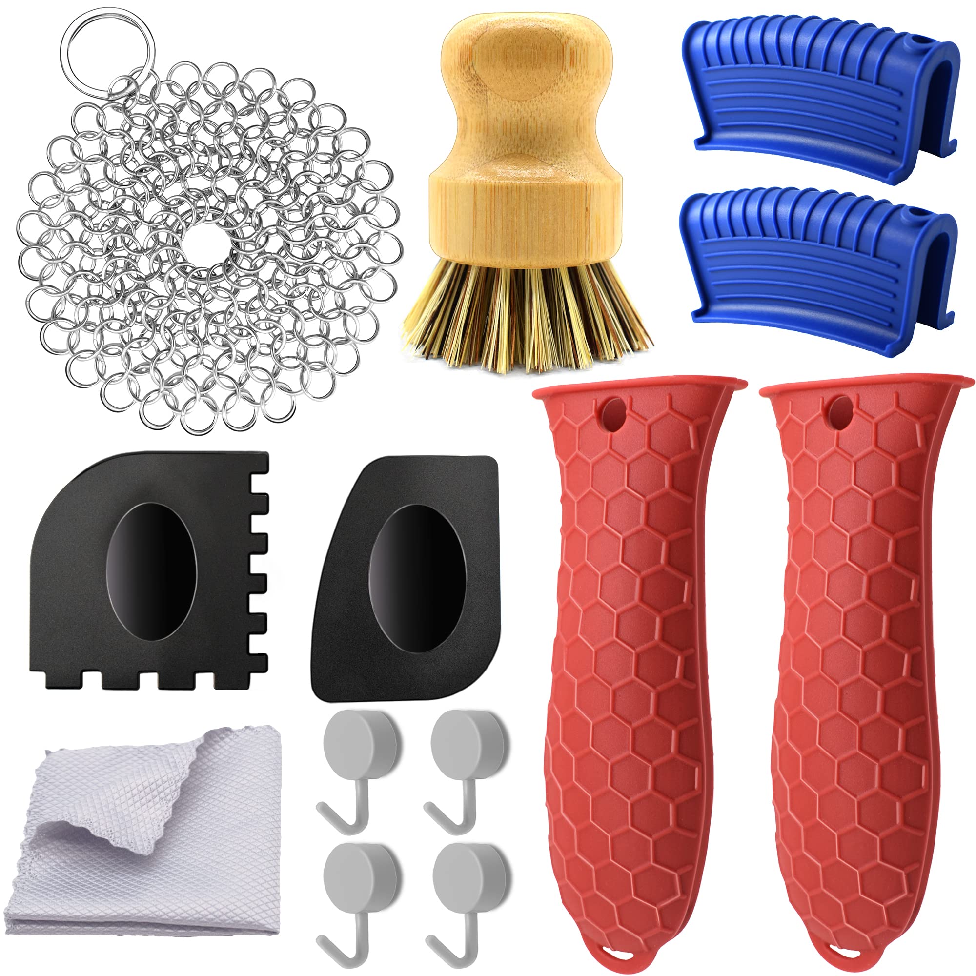 13 Pieces Hot Handle Holder Silicone Set, Cast Iron Cleaner Kit Chainmail  with Bamboo Scrub Brush, Grill Pan Scraper Tool, Heat Resistant Skillet  Assisit Handle Grips