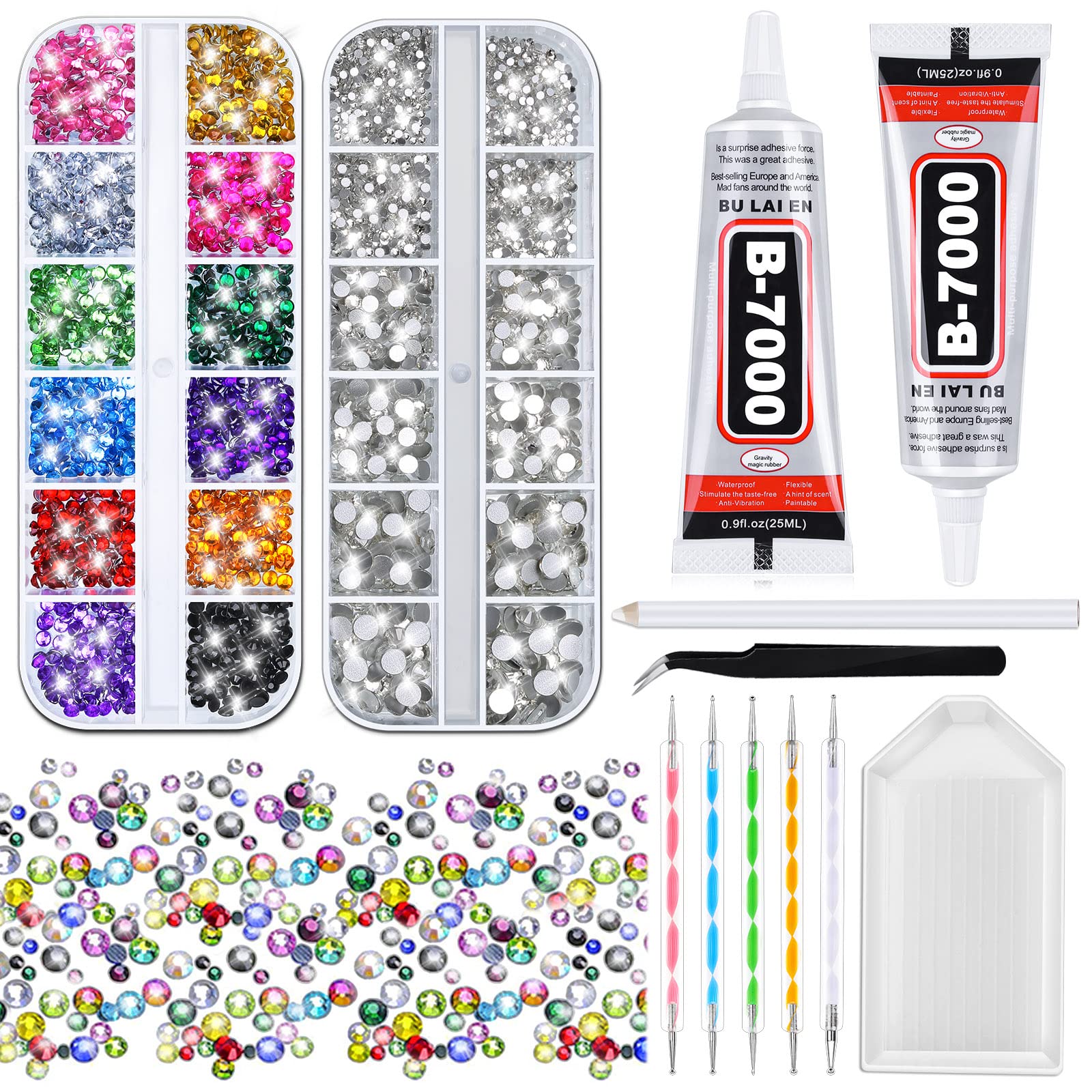Mckanti B7000 Rhinestone Clear Glue and 2800Pcs Rhinestones for Crafts 13  Colors 5 Sizes Rhinestones Set with 50ml Glue 5 Dotting Pens Tweezers Wax  Pencil Tray Rhinestone Kit for Nails Shoes Bags.