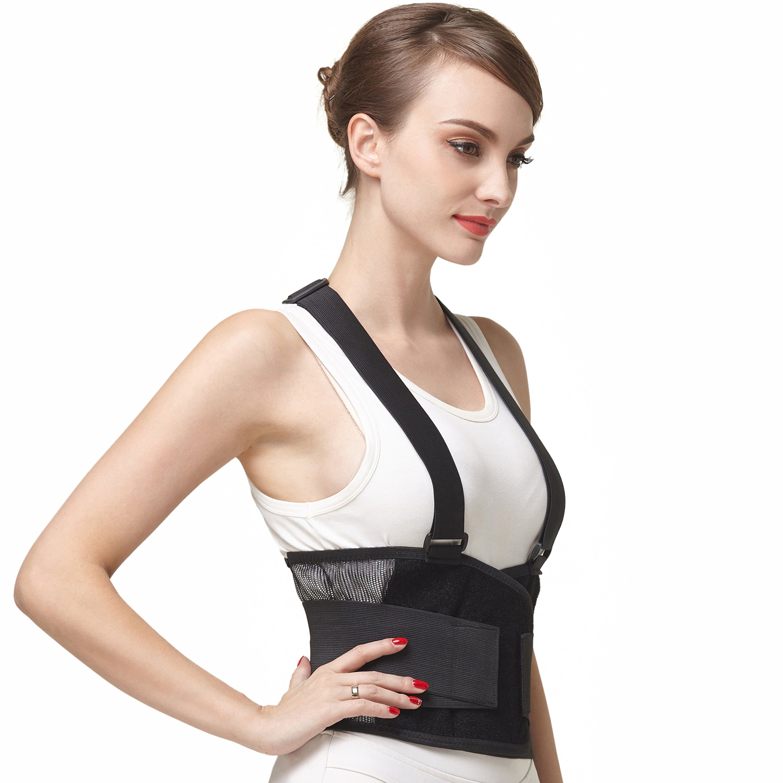NeoTech Care Back Brace with Suspenders / Shoulder Straps - Light &  Breathable - Lumbar Support Belt for Lower Back Pain - Posture, Work, Gym -  Black Color (Size S) Small (Pack of 1)
