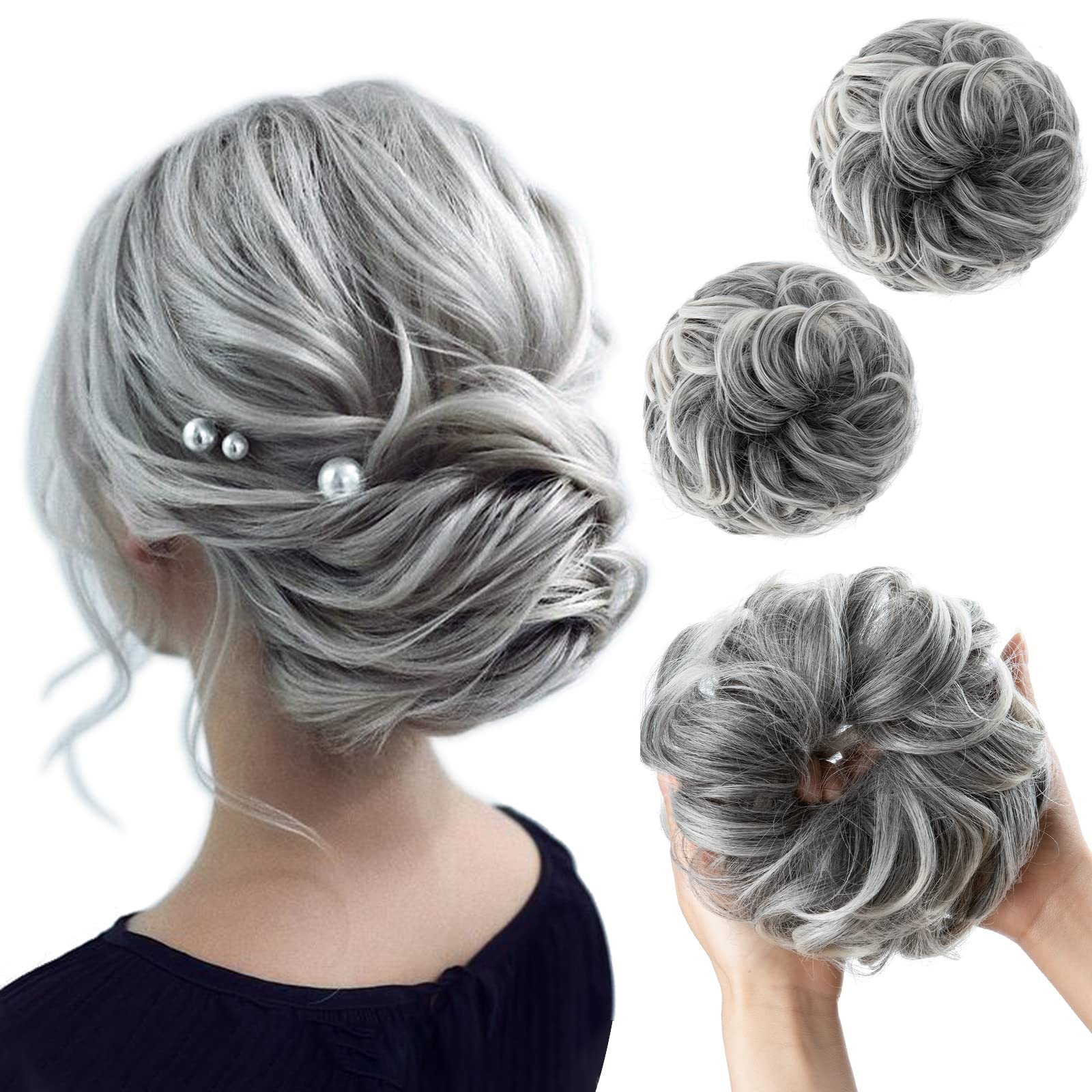 SARLA Grey Messy Bun Hair Piece Synthetic Wavy Curly Chignon Ponytail  Extension Scrunchies Updo for Women Girls Black with Grey/Platinum Blonde  2PCS Gray and White Tips