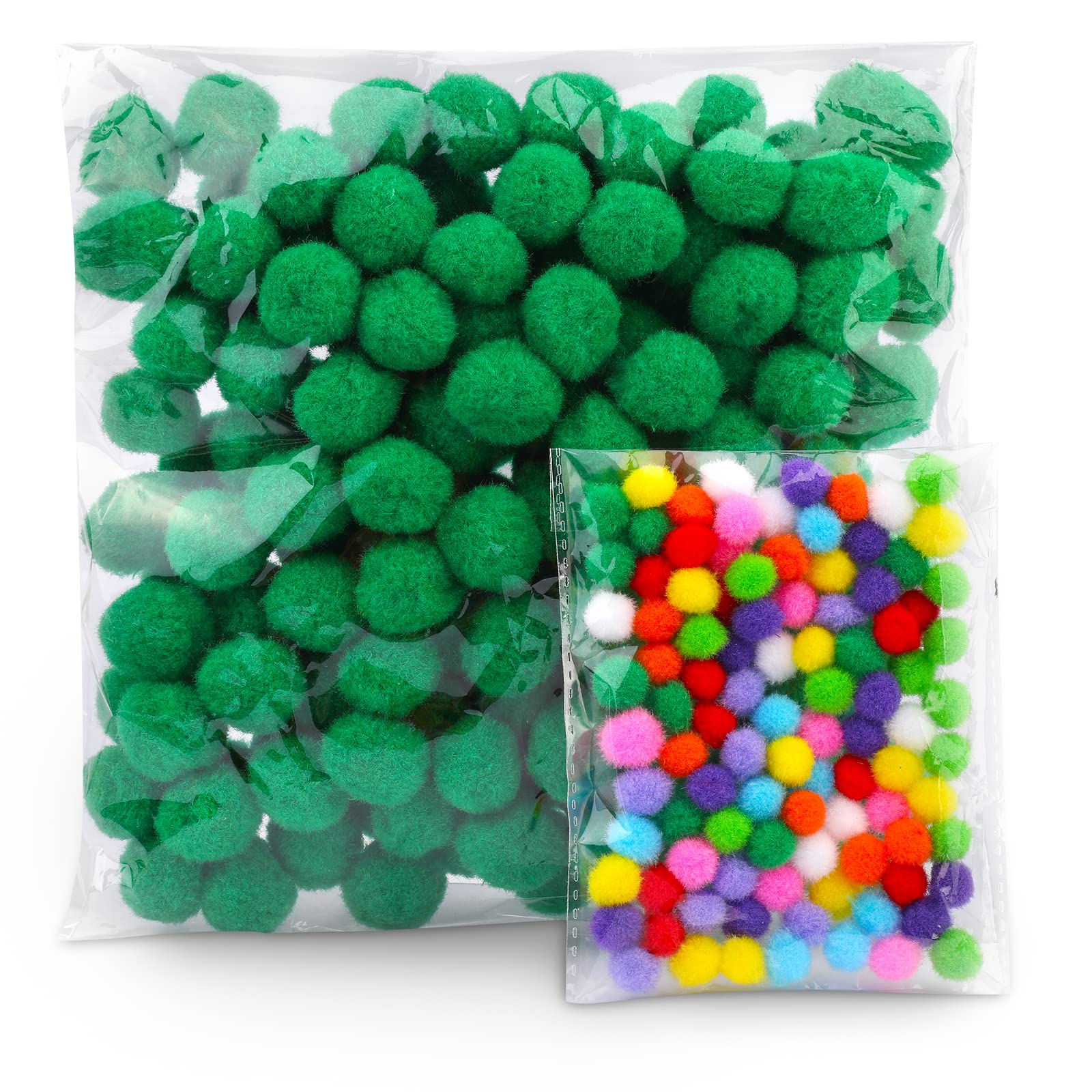 250 Pcs 150 1 inch Green Craft Pom Poms + 100 Multicolor Pom Pom Balls Small