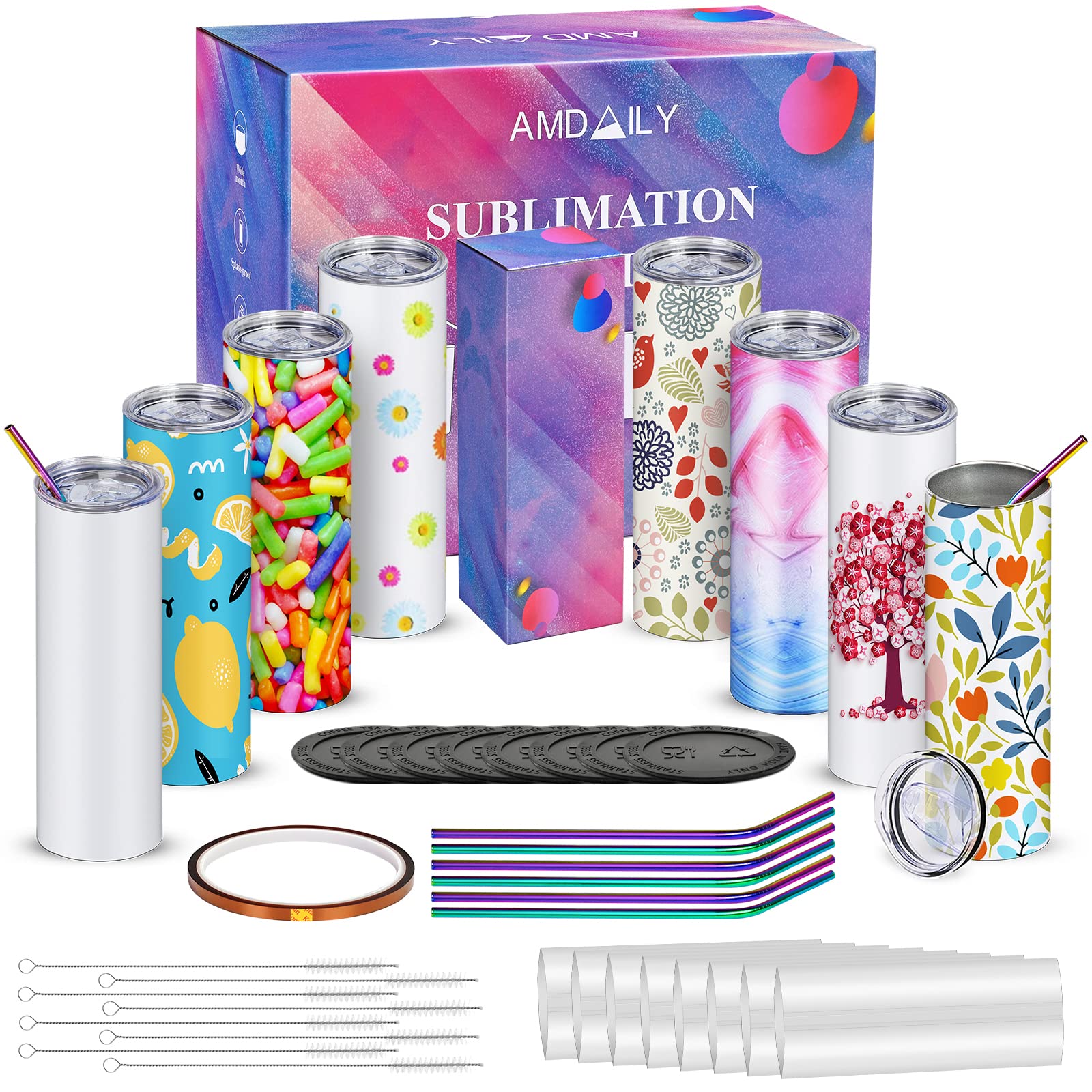 20 oz Sublimation Stainless Steel Skinny Tumbler, White with Gift Box