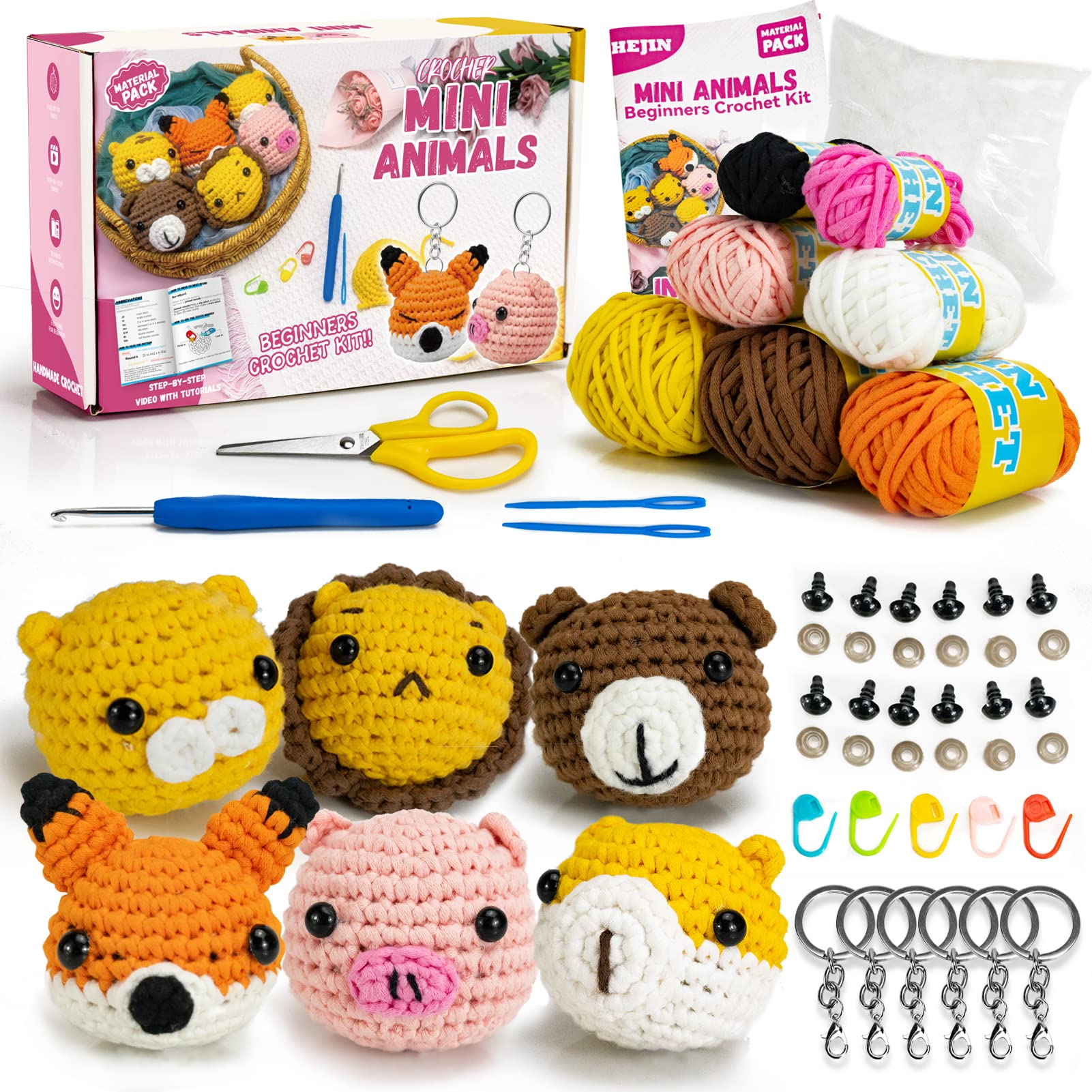 HEJIN Crochet Kit for Beginners, 6 PCS Crochet Animal Kit for Adults Kids, Crochet  Kits Include