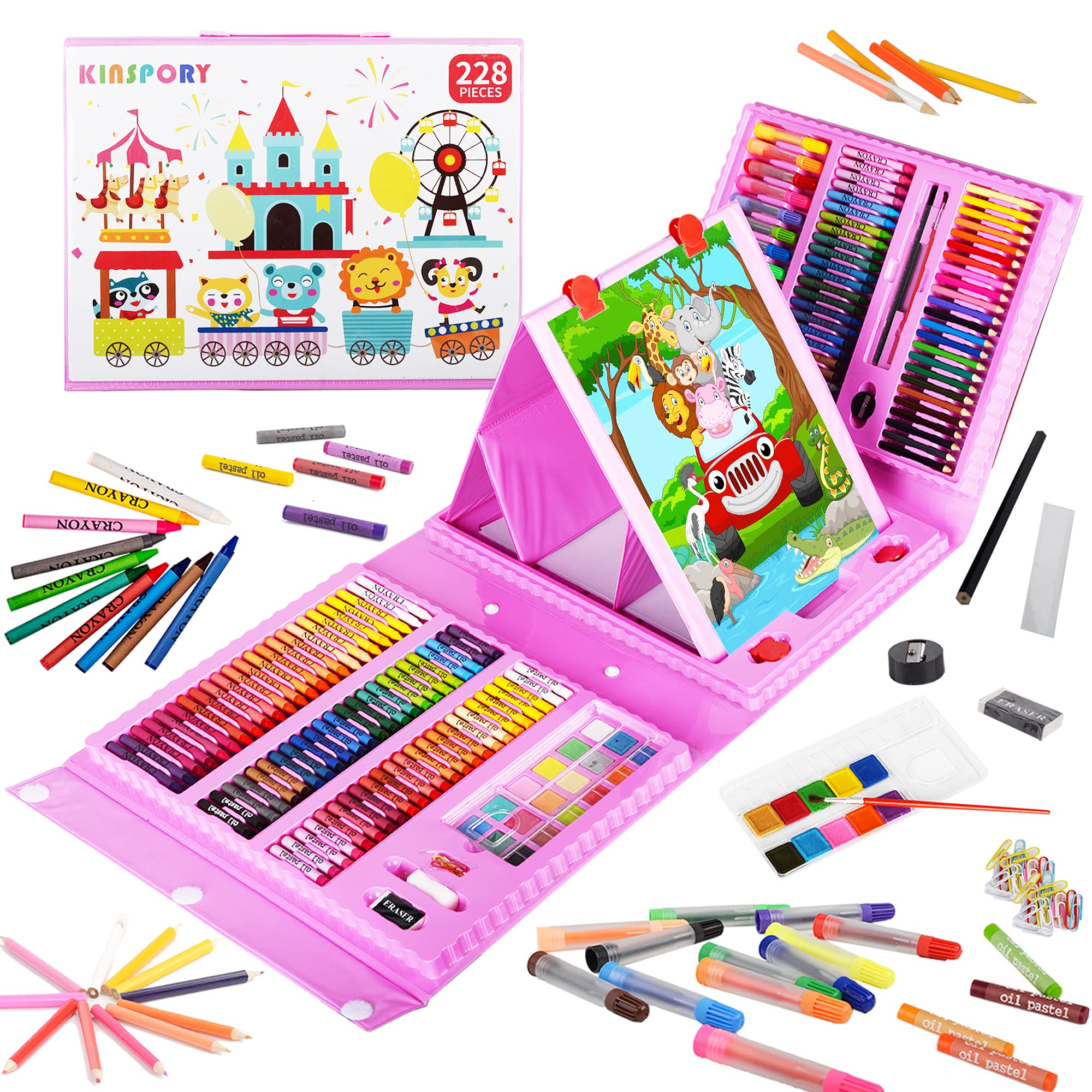 KINSPORY Art Supplies 228 Pack Art Sets Crafts Drawing Coloring kit  Double-Side Trifold Art Easel Oil Pastels Crayons Colored Pencils Creative  Gift for Beginners Artists Girls Boys Kids (Pink) Pink 228PC