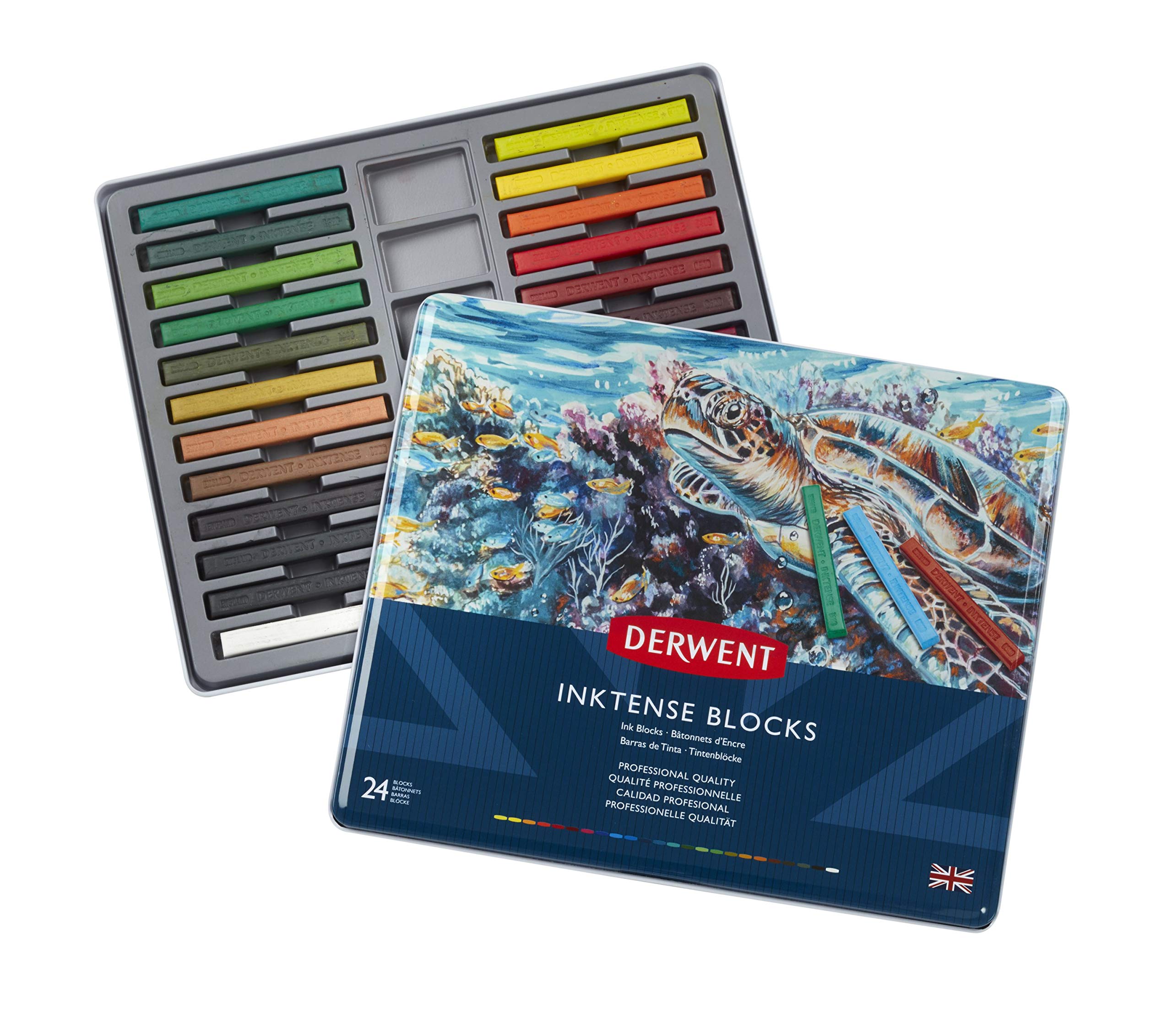 Derwent Inktense Blocks 24 Tin, Set of 24, 8mm Block, Soft Texture,  Watersoluble, Ideal for Watercolor, Drawing, Coloring, Crafts and Painting  on Paper and Fabric, Professional Quality (2300443) 24 Count (Pack of 1)