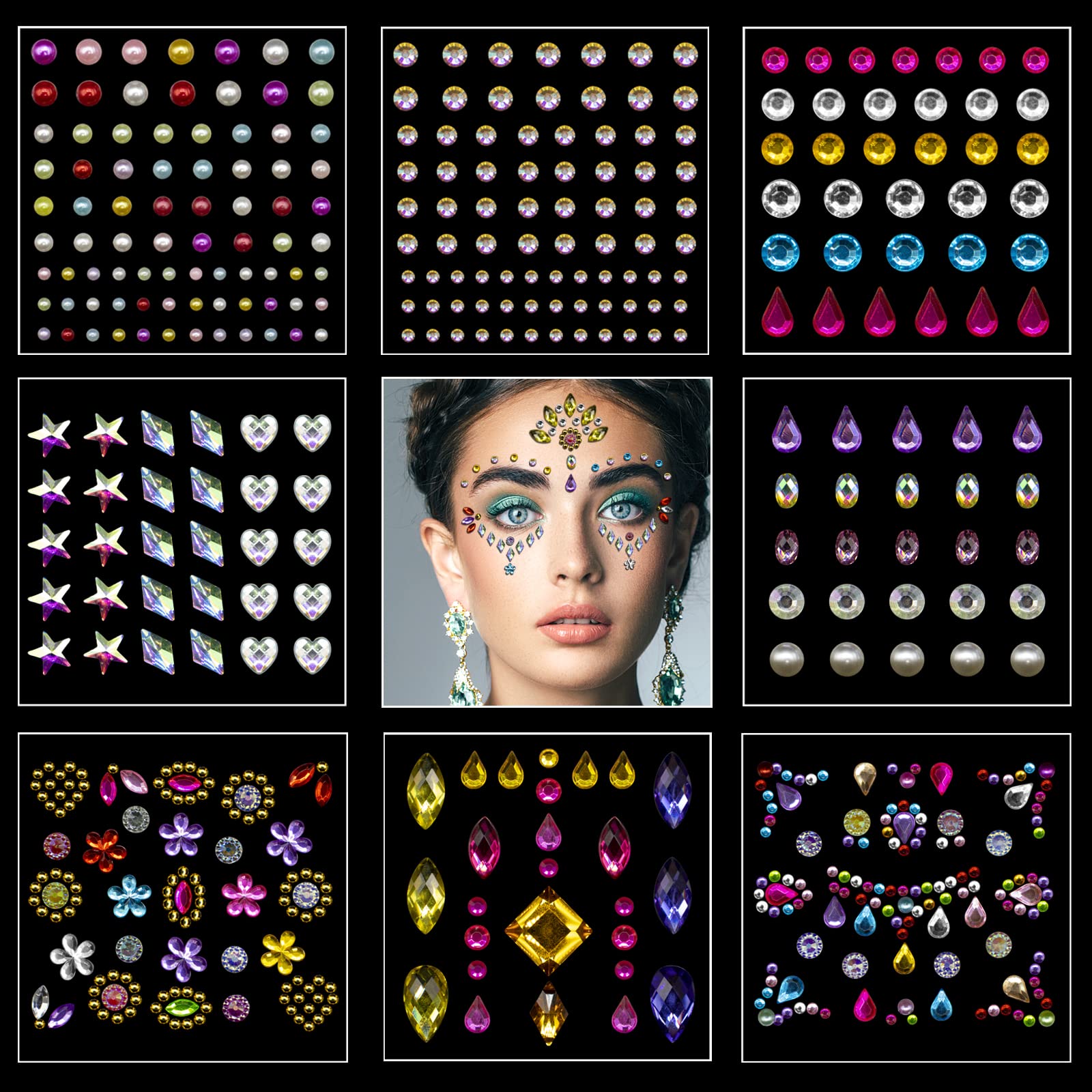 Outus 9 Sheets Eye Body Face Gems Jewels Rhinestone Stickers  Self Adhesive Crystal Rainbow Makeup Diamonds Face Stick Gems for Women  Festival Accessory and Nail Decorations (Tiny Bead) : Beauty