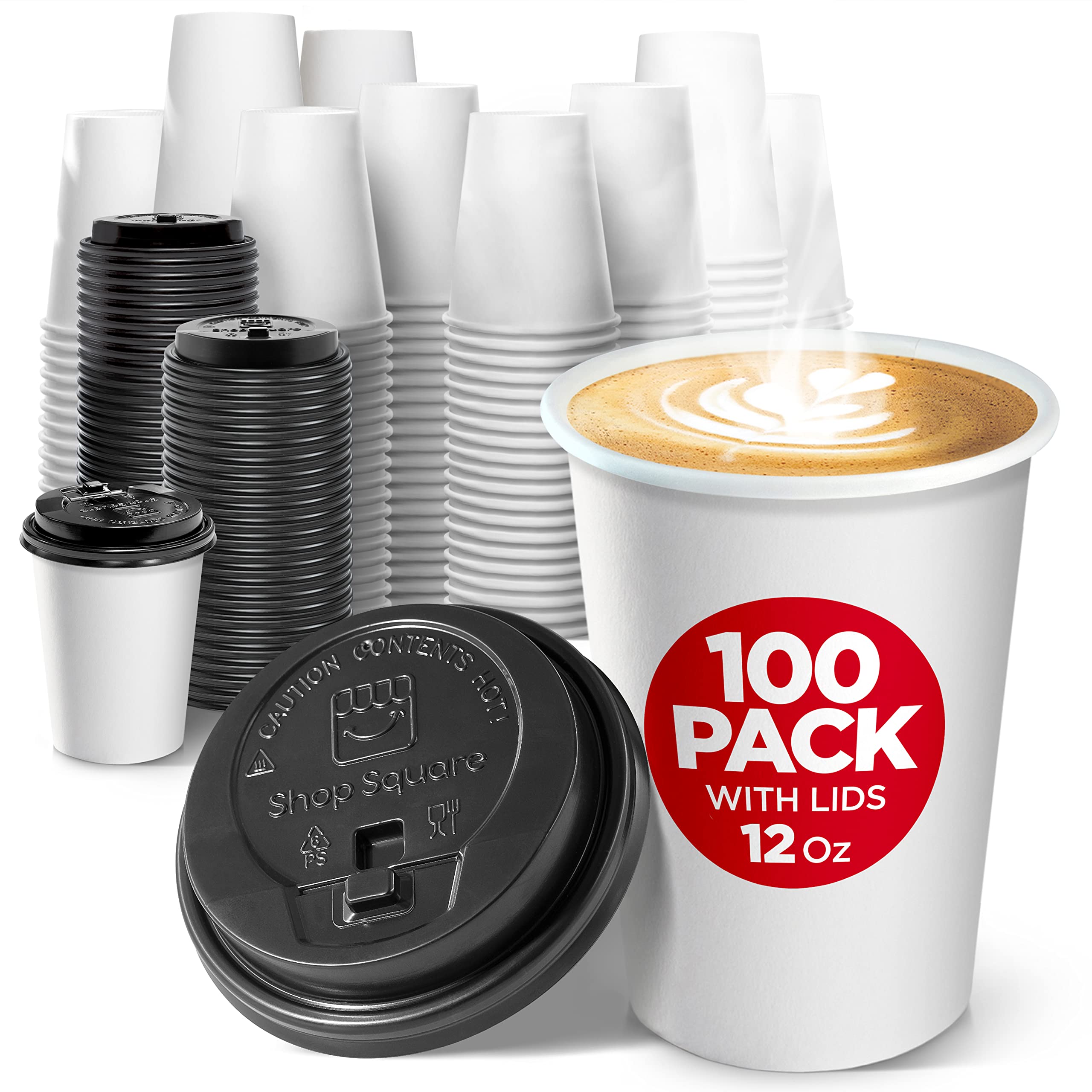 Disposable Coffee Cups with Lids 12 oz (100 Pack) - To Go Coffee Cups for  Hot 