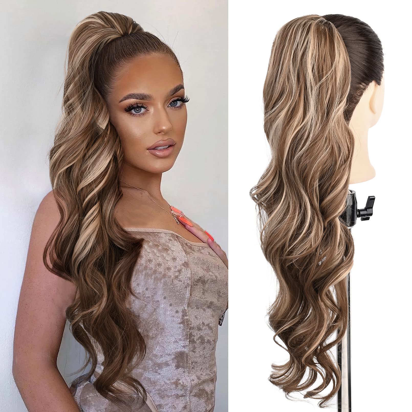 SEIKEA Ponytail Extension Drawstring Long Wavy Pony Tail for Black Women  Natural Soft Clip in Ponytail Hair Extension Synthetic Heat Resistant  Hairpiece 26 Inch 160 Gram Chestnut Brown with Dirty Blonde Highlights 26  Inch …