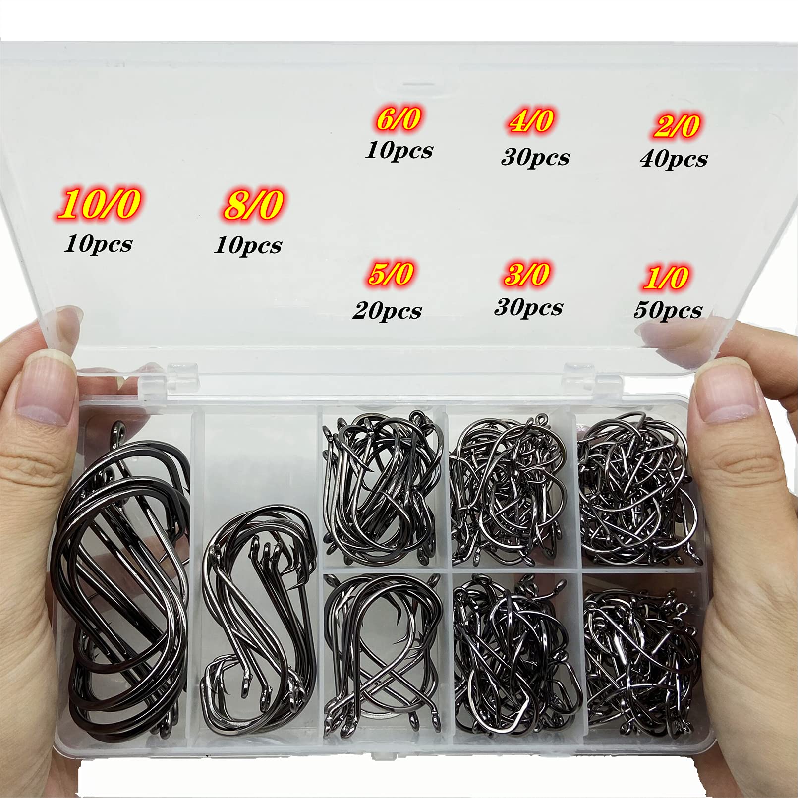 DAMIDEL 200Pcs/Box(Size:10/0 to1/0 Strong Octopus Fishing Hooks  Forged Steel/Barded Design Off-Set Point/Closed Eye Strong/Sturdy 10/0 8/0  6/0 5/0 4/0 3/0 2/0 1/0 Mixed Packaging