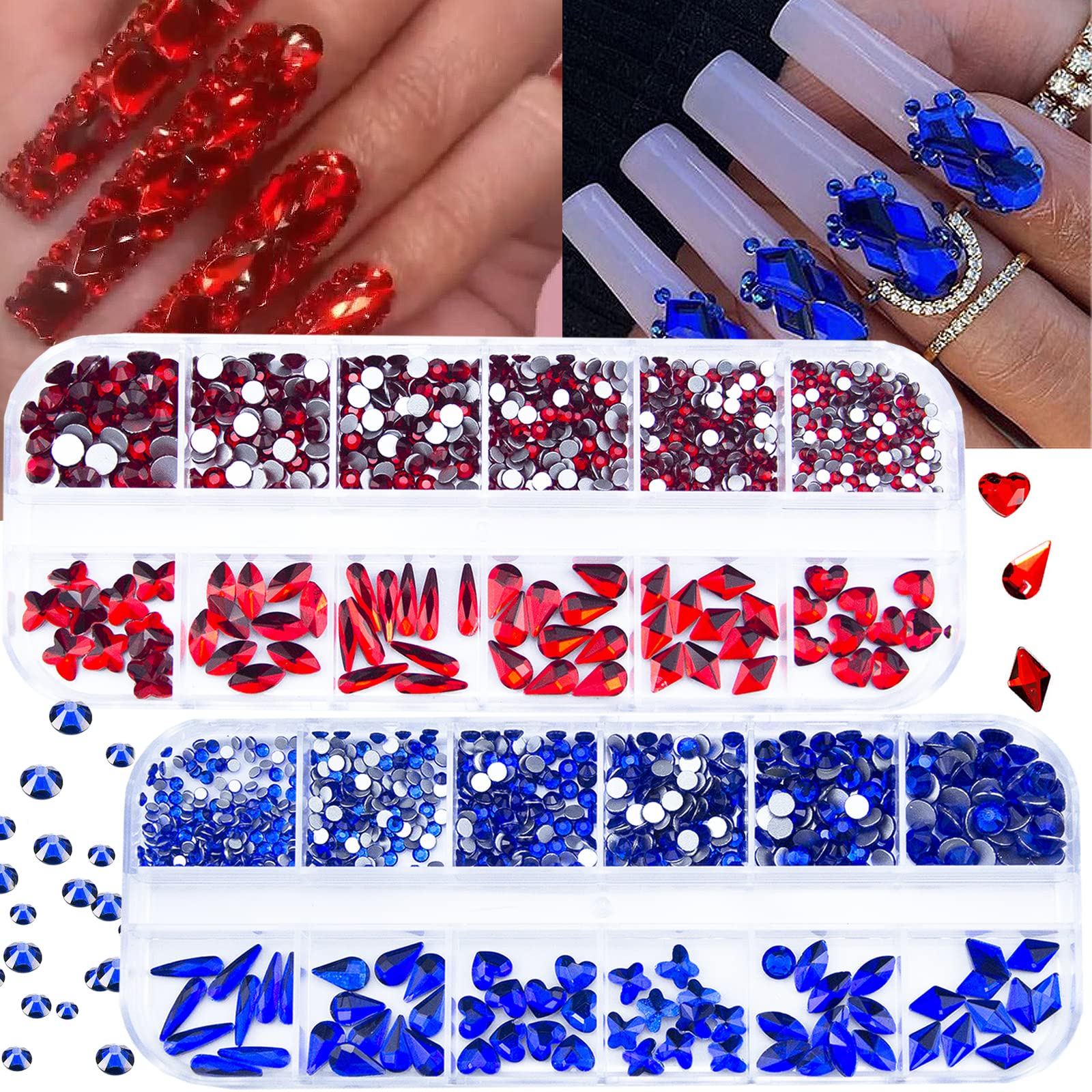 2520Pcs Royal Blue Champagne Gold Red Light Blue Nail Rhinestones Crystals  Flatback Mixed Colors Multi Shaped Sized Nail Beads Glass Gems Nail