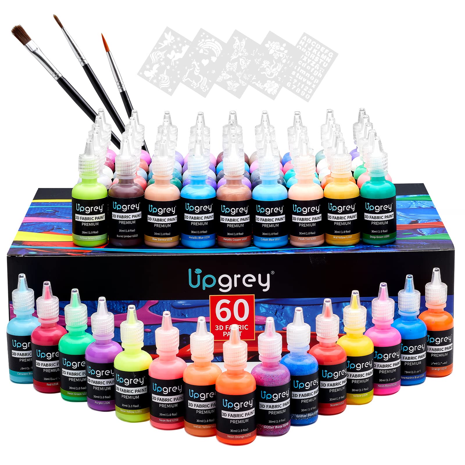 UPGREY 3D Fabric Paint Set for Clothes 60 Colors (30ml Bottles) Permanent  Textile Puffy Paints Classic Metallic Glitter Neon Glow in the Dark for  T-Shirt Textiles Canvas Wood with 3 Brushes+5 Stencils