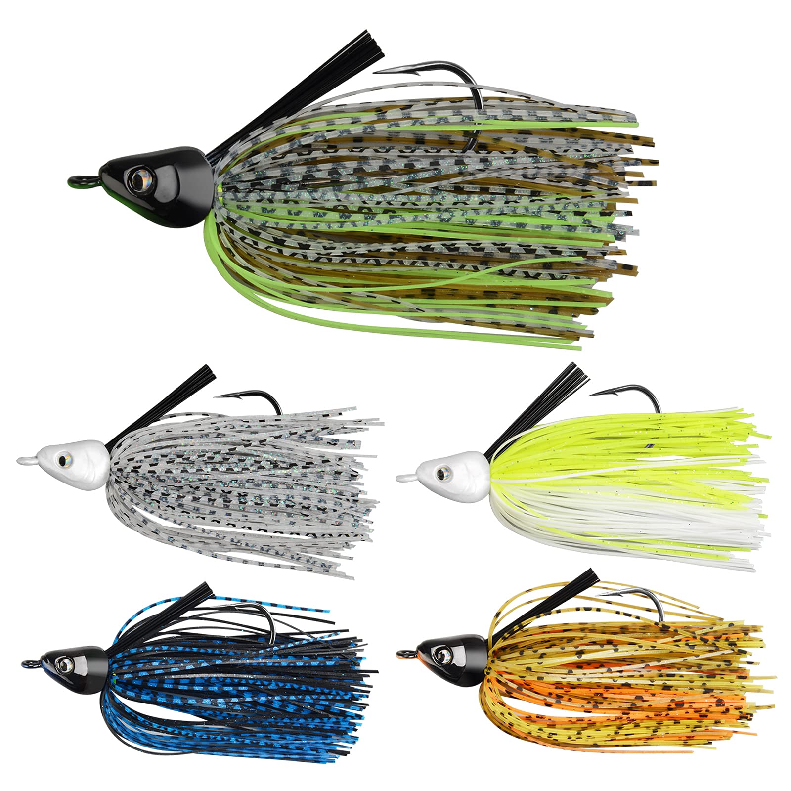 MadBite Swim Jig Fishing Lures Heavy Brush Guard Silicone Skirt  Sticky-Sharp Heavy-Wire Needle Point Hooks Popular 3/8 oz and 1/2 oz Sizes  5 pc and 3 pc Multi-Color Kits Includes Storage Box