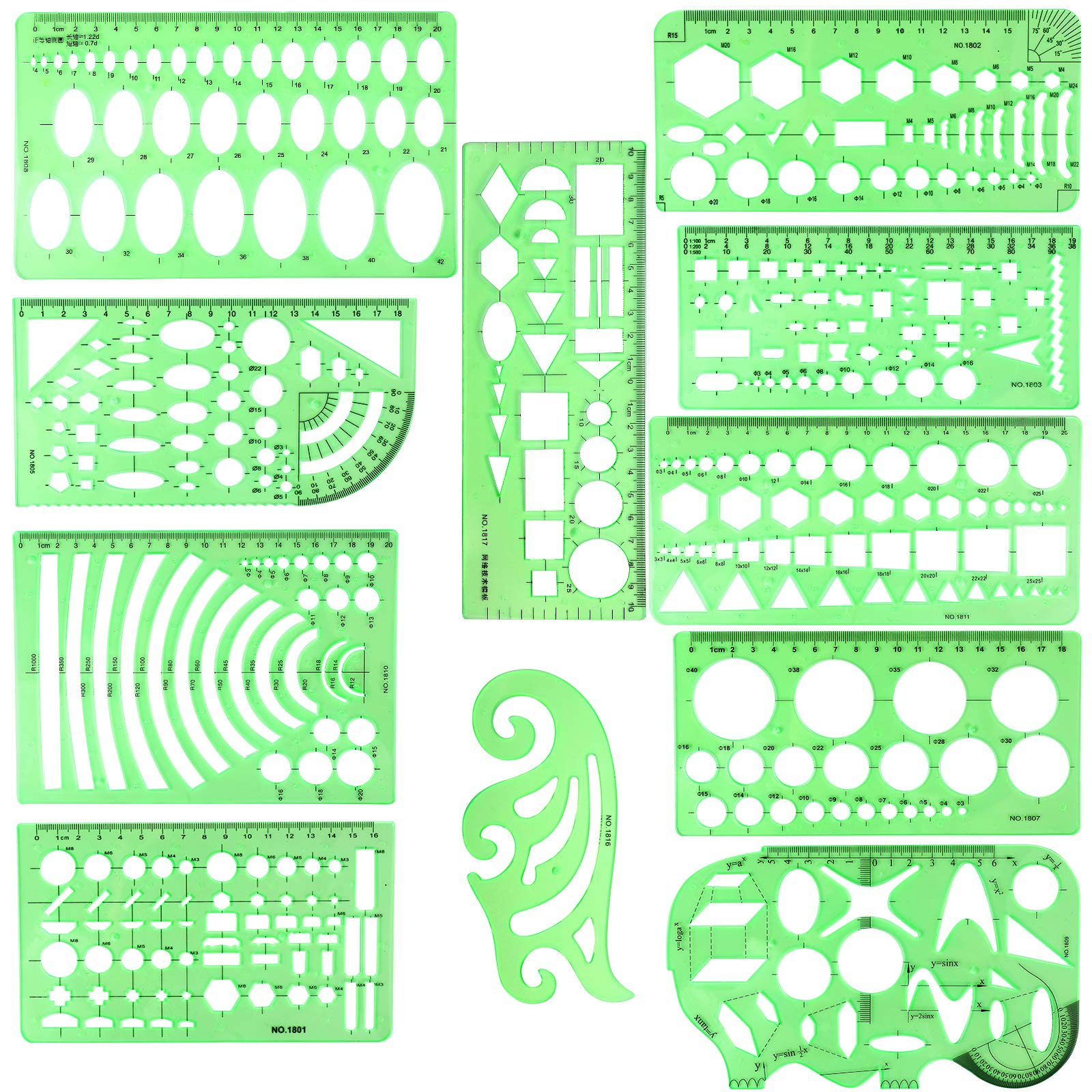 11PCS Geometric Drawings Templates, Drafting Stencils Measuring Tools,  BetyBedy Plastic Clear Green Ruler Shapes with a