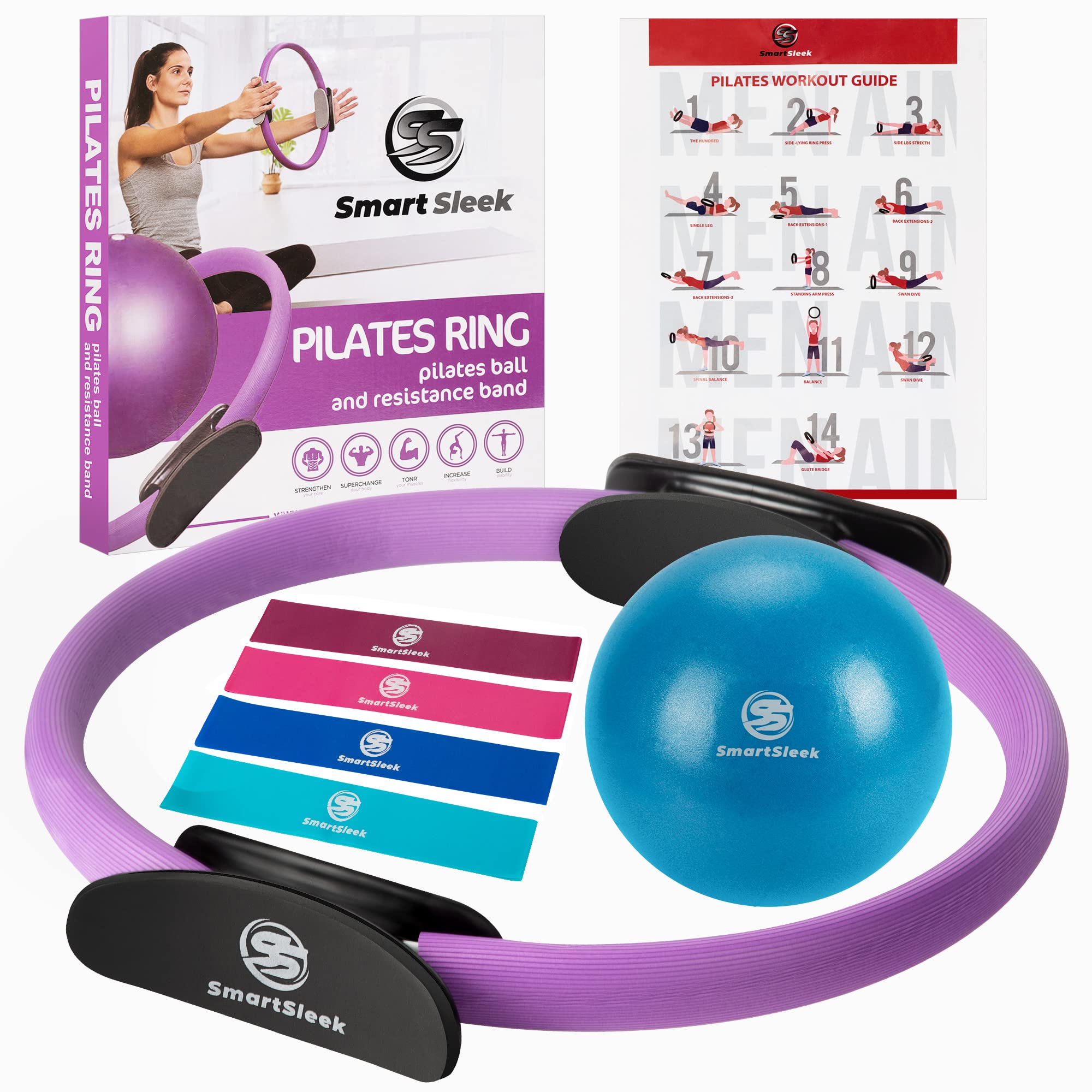 Ensemble de Pilates à domicile ElaraFit avec anneau et ballon pour femmes, avec 5 bandes de résistance, cercle magique, kit de démarrage essentiel