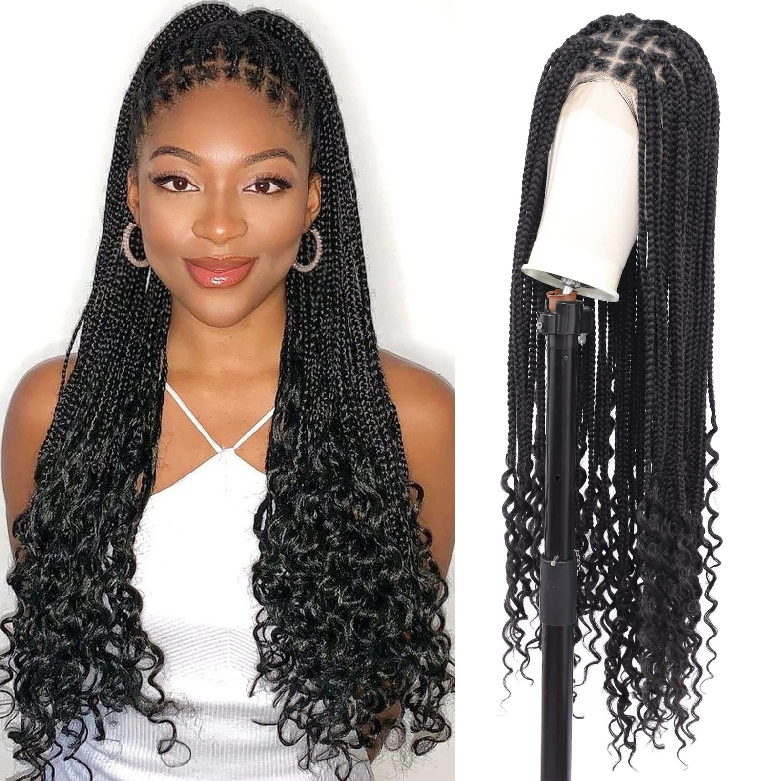 Fecihor 36 Full Double Lace Braided Wigs with Boho Curly Ends