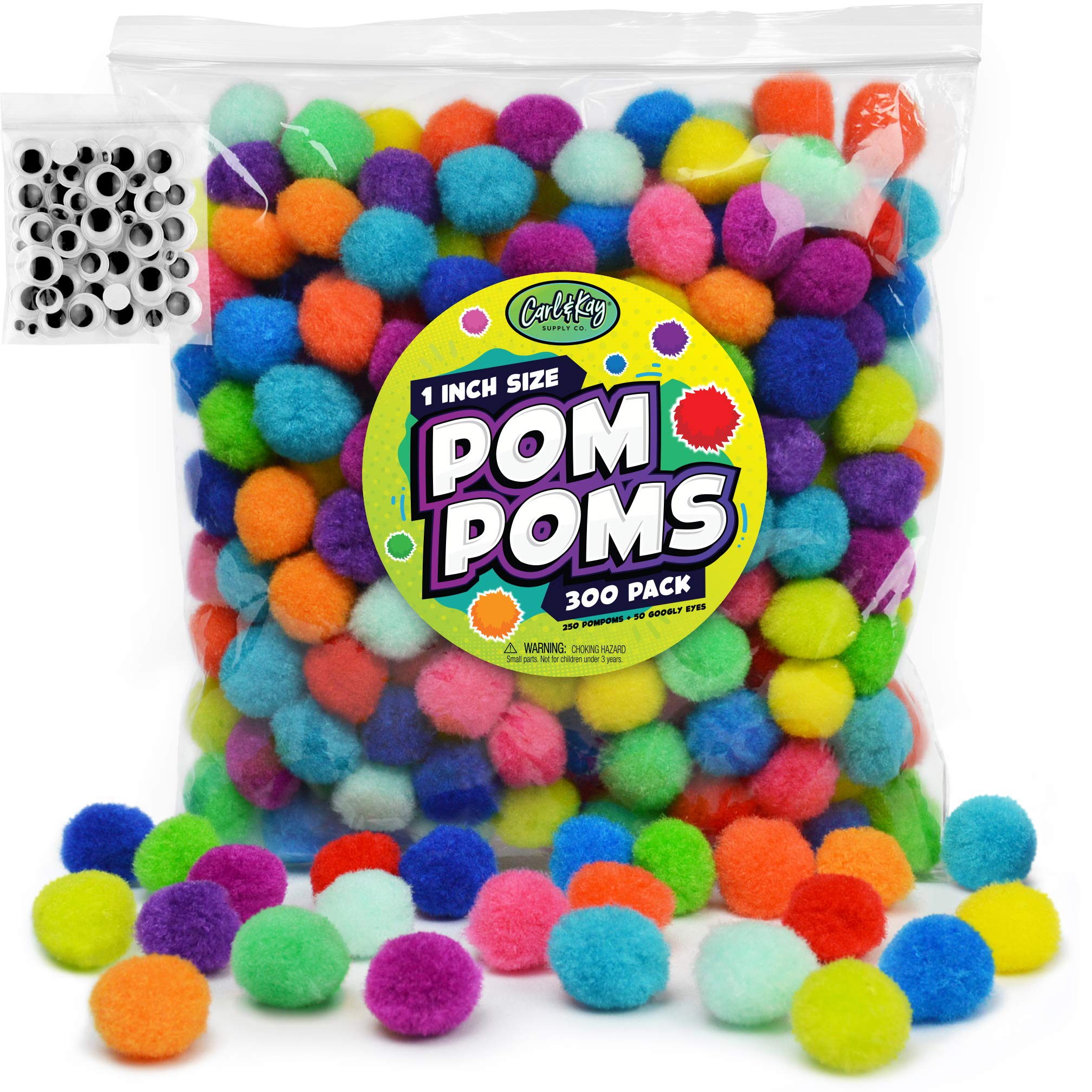 Carl & Kay 300 Pcs 250 1 Inch Pom Poms & 50 Googly Eyes - Craft Pom Pom  Balls - Pompoms for Crafts - Pom Pom for Crafts in Bright & Bold