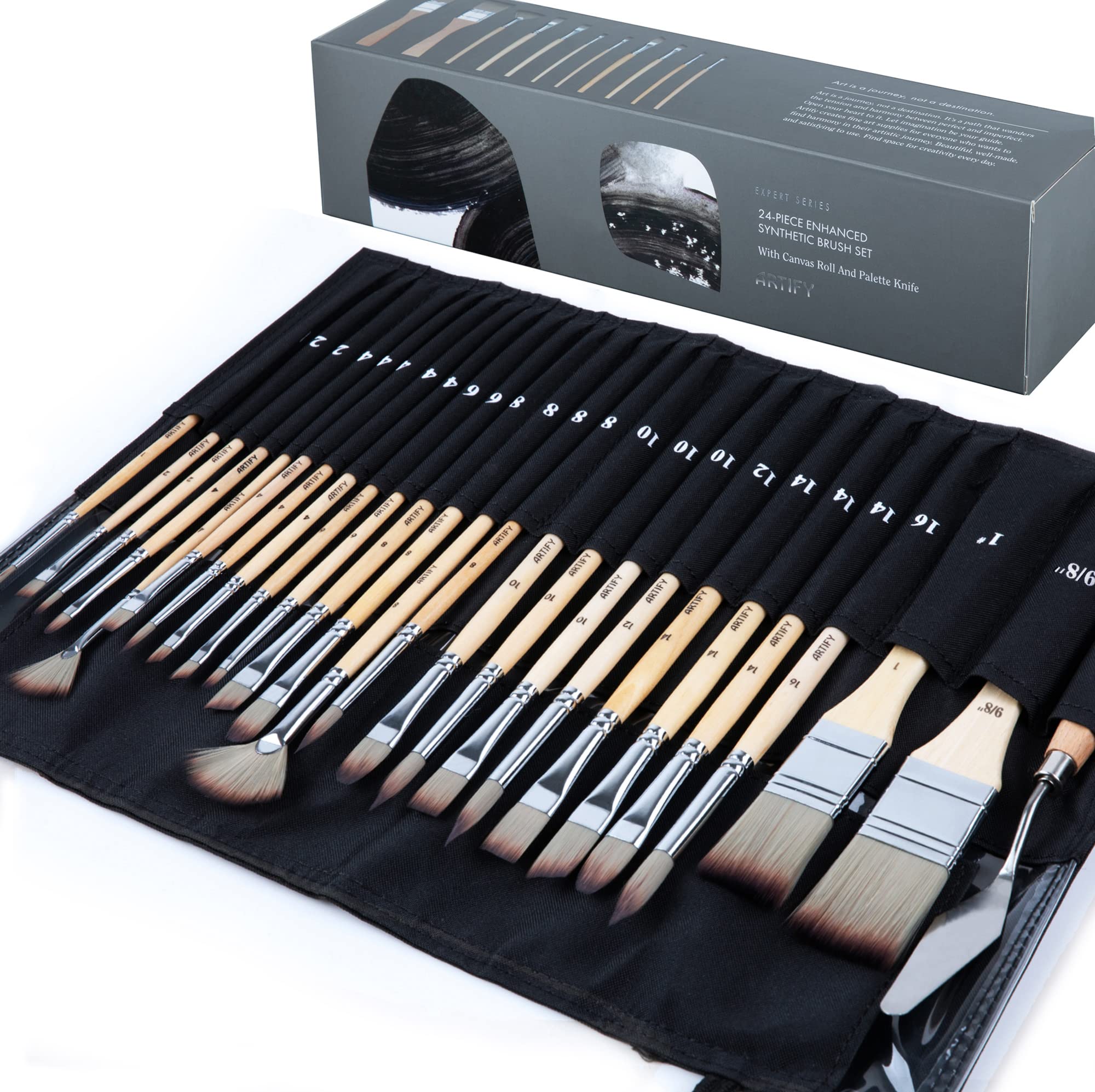 ARTIFY 24 Pieces Paint Brush Set Expert Series Enhanced Synthetic Brush Set  with Cloth Roll and Palette Knife for Acrylic Oil Watercolor and Gouache  (Birch)