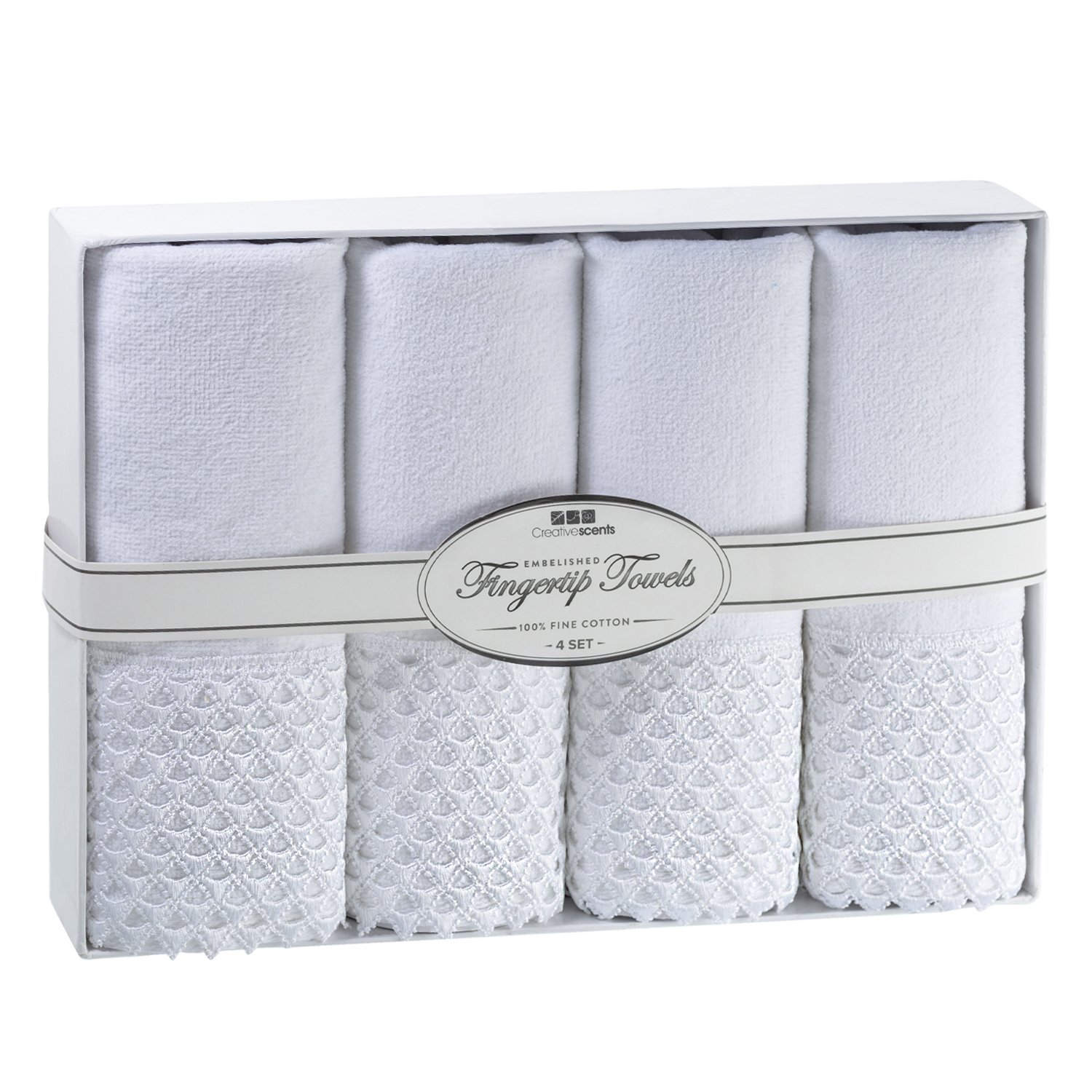 Creative Scents Decorative Fingertip Towels for Bathroom and Powder Room  with Gorgeous White Lace - 4 Pack - 11 by 18 - Cotton Velour Towel Set  Packaged in Gift Box for Best (White)