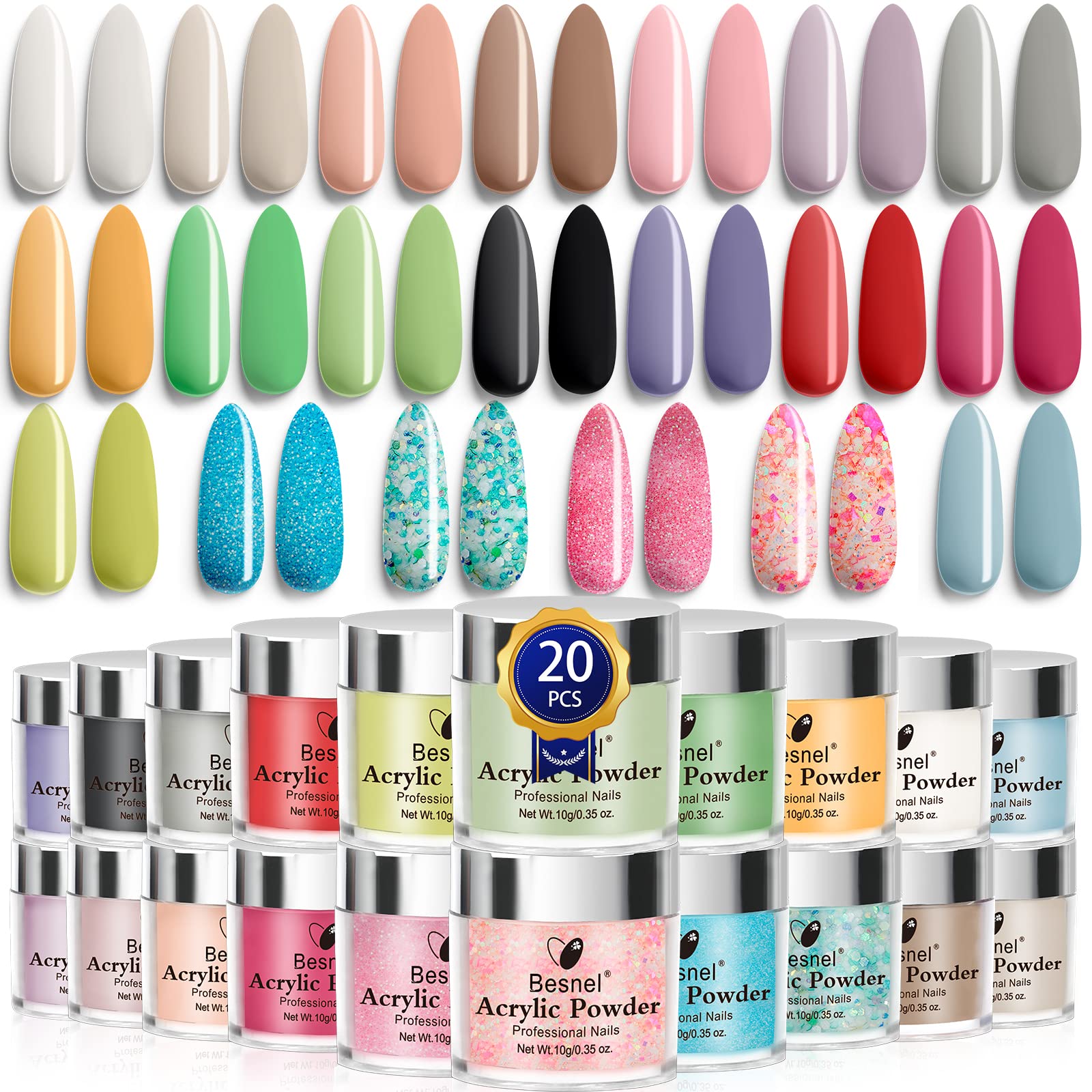 Besnel Acrylic Powder Set, 20 Colors Acrylic Nail System Professional Polymer Colorful Set Nail Art Powder Besnel Acrylic Powder Set, 20 Colors Acrylic Nail System Professional Polymer Colorful Set Nail Art Powder
