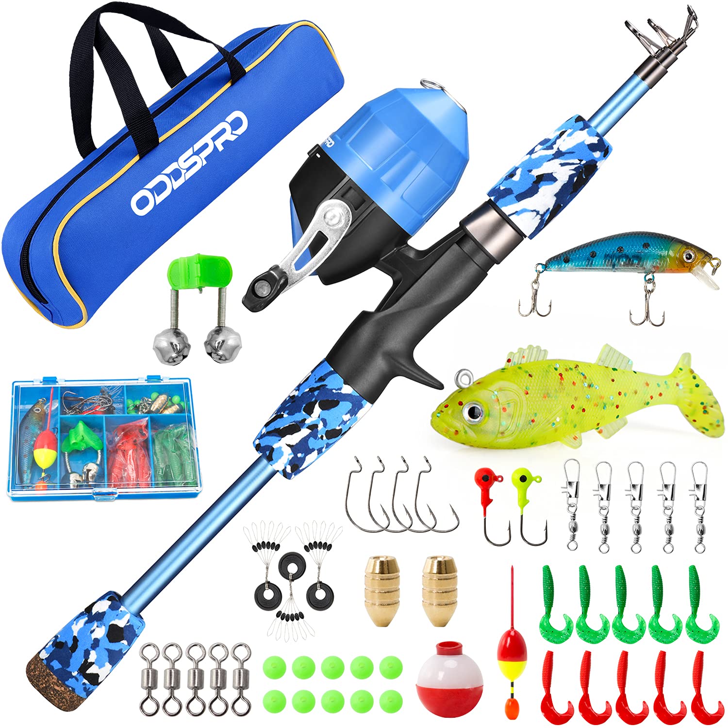 ODDSPRO Kids Fishing Pole - Kids Fishing Starter Kit - with Tackle Box,  Reel, Practice Plug, Beginner's Guide