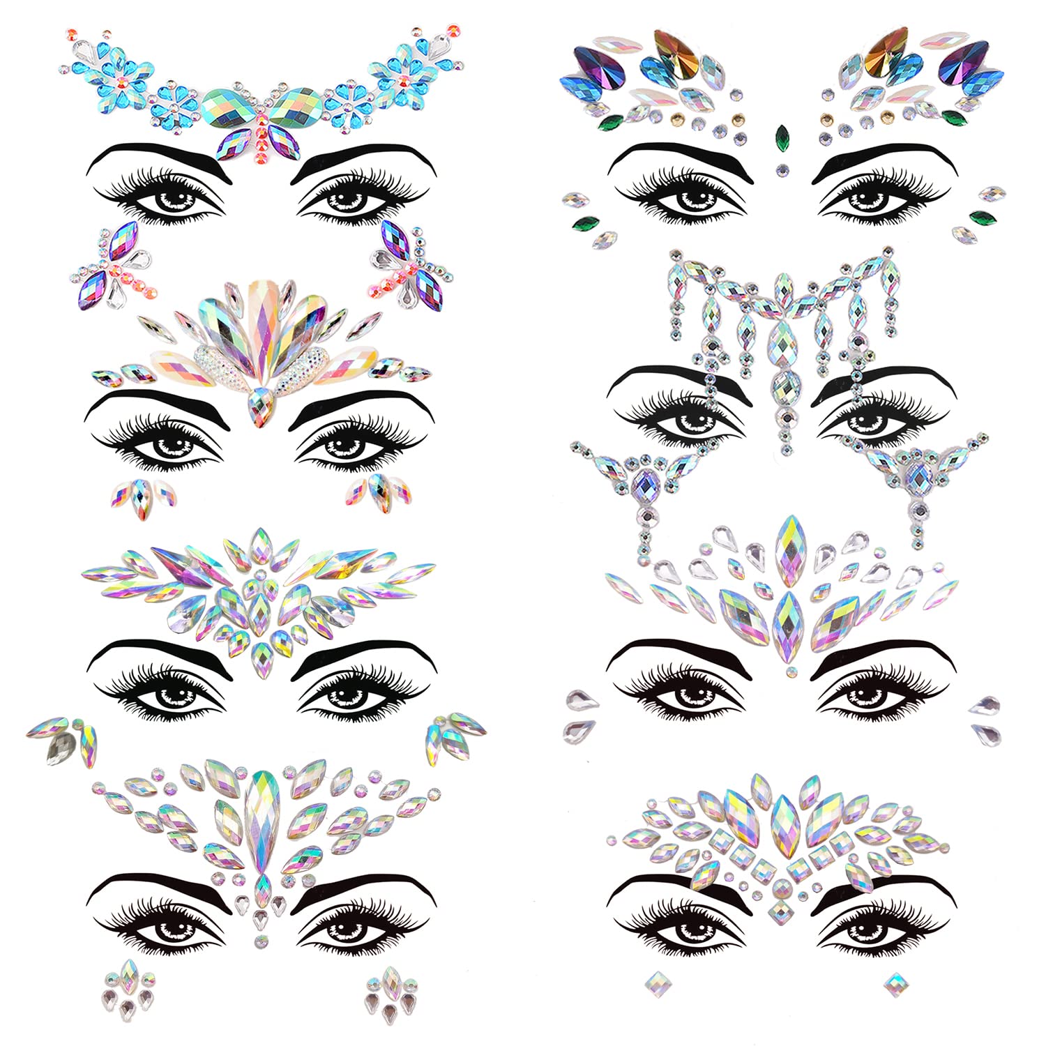 6 Sets Women Mermaid Face Gems Glitter,Rhinestone Rave Festival Face  Jewels,Crystals Face Stickers, Eyes Face Body Temporary Tattoos