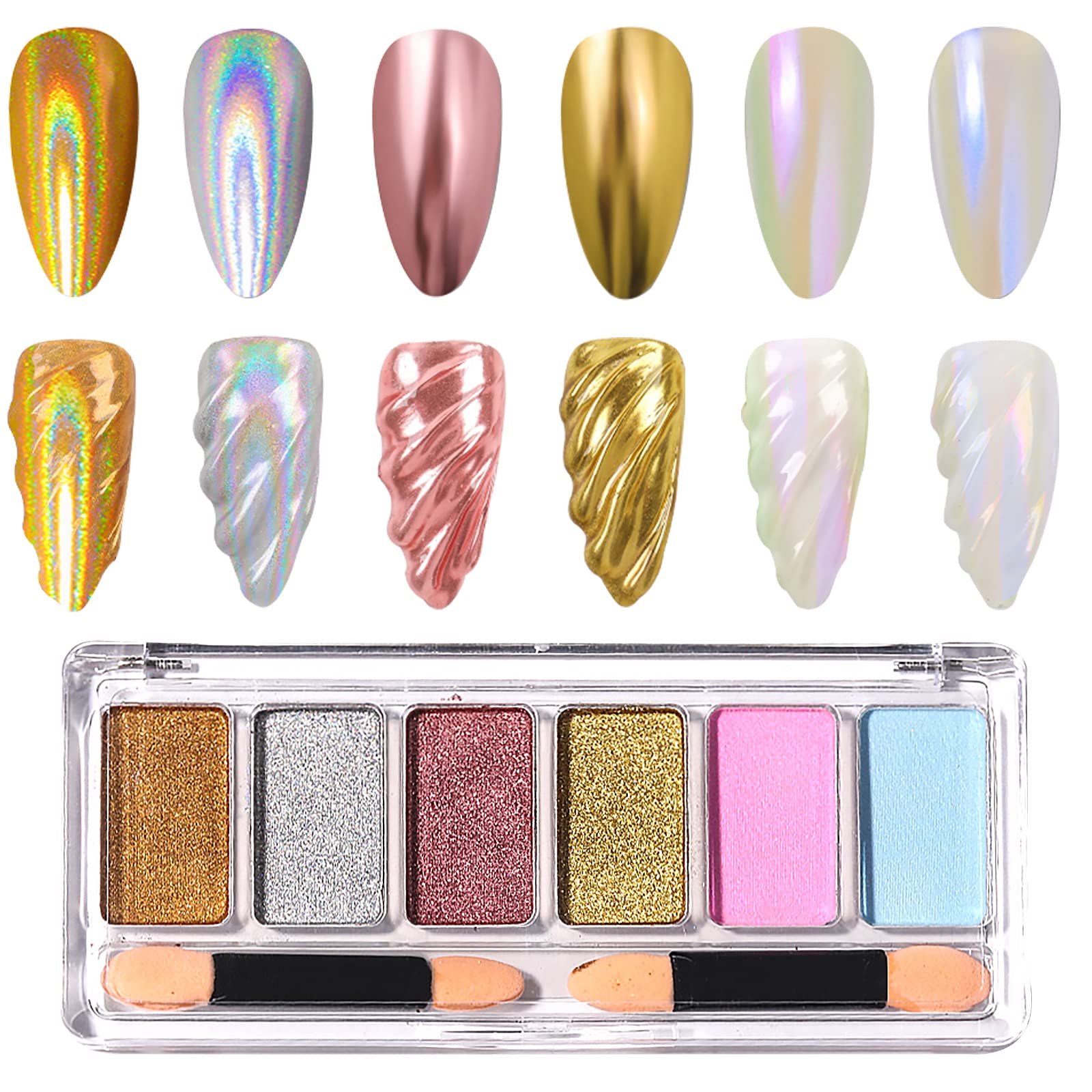 Chrome Nail Powder 6 Color Metallic Mirror Nail Powder Palette Holographic  Chrome Powderfor Nails Aurora Powder Pearl Chrome Nail Powder for Nail Art  DIY with 2 Pcs Eyeshadow Sticks