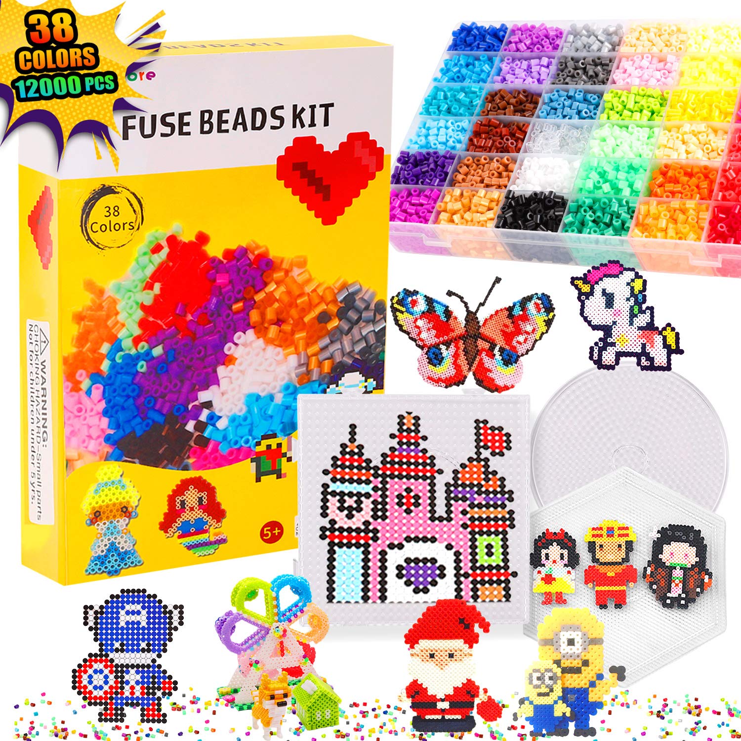 Bachmore Fuse Beads Craft Kit Melty Fusion Colored Beads- 12,000pcs 38  Colors Pearler Craft Sets for Kids Including 7 Pegboards,Booklet Chain  Accessories Activity Gift Toy For Boys and Girls Age 5 6 7 Large