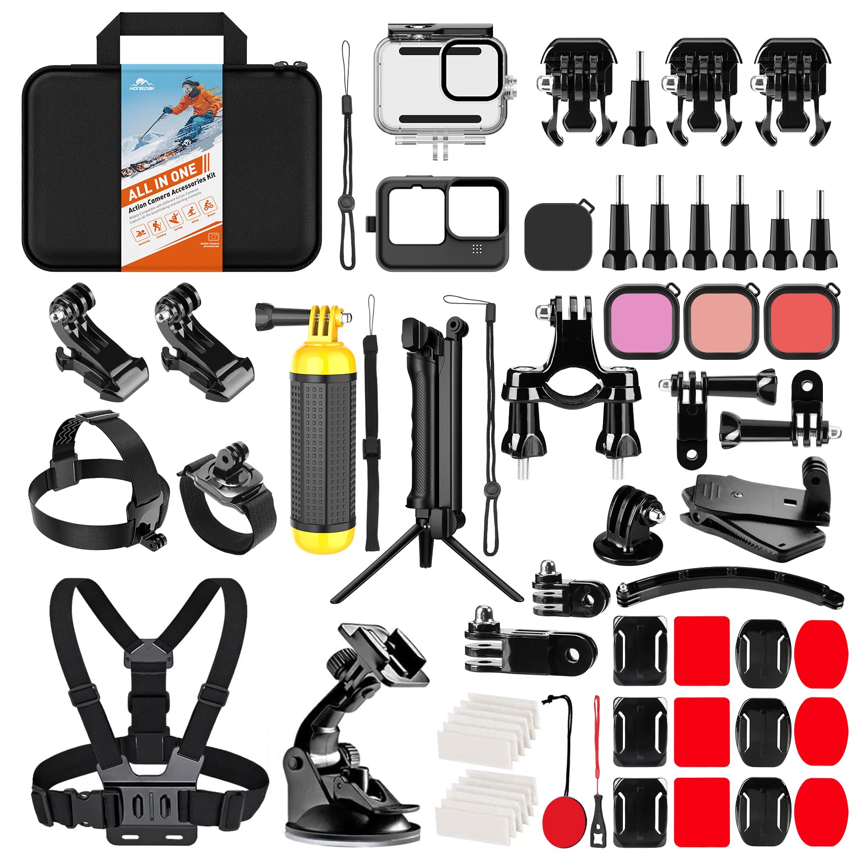 HONGDAK Action Camera Accessories Kit for GoPro Hero 11 10 9 Black, Waterproof Housing+Silicone Case+3-Way Adjustable Arm+Head Chest Strap+Bike Mount+Suction Cup+Floating Grip Bundle Set 63 in 1